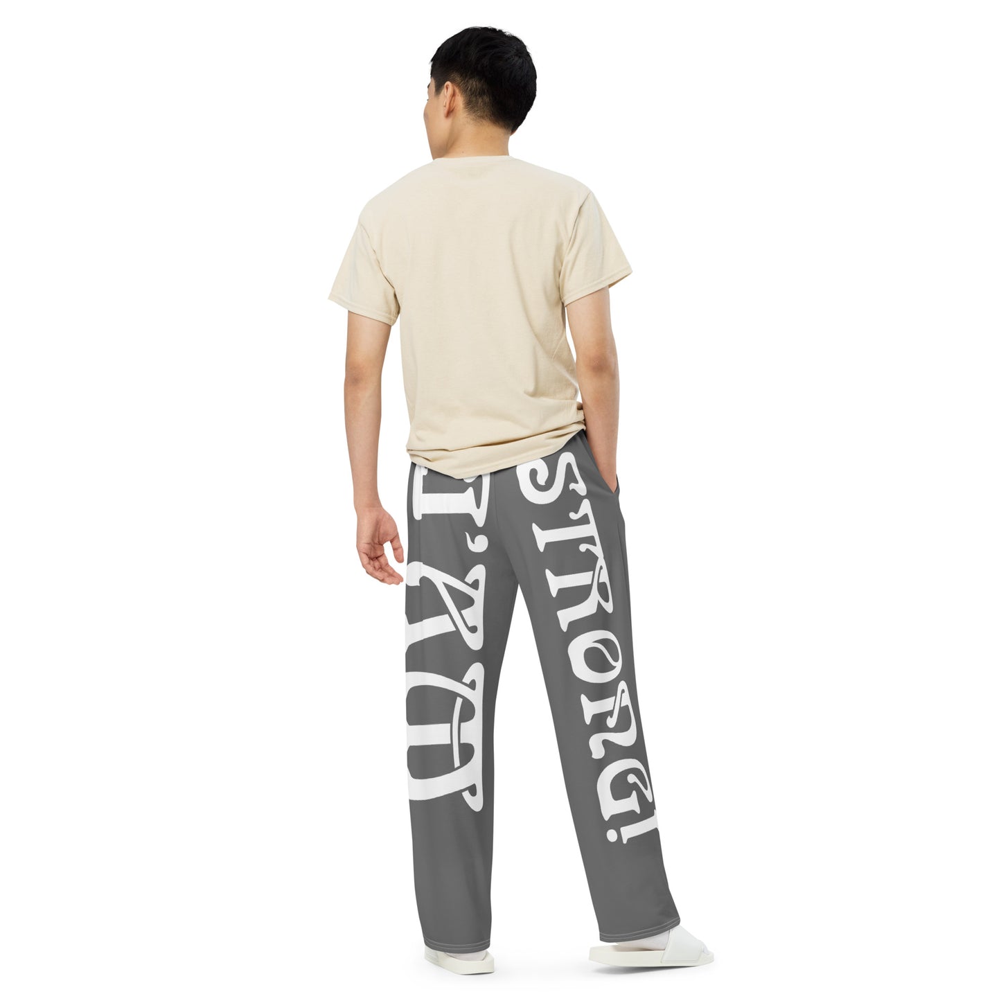“I’AM STRONG!” Grey Unisex Wide-Leg Pants W/White Font