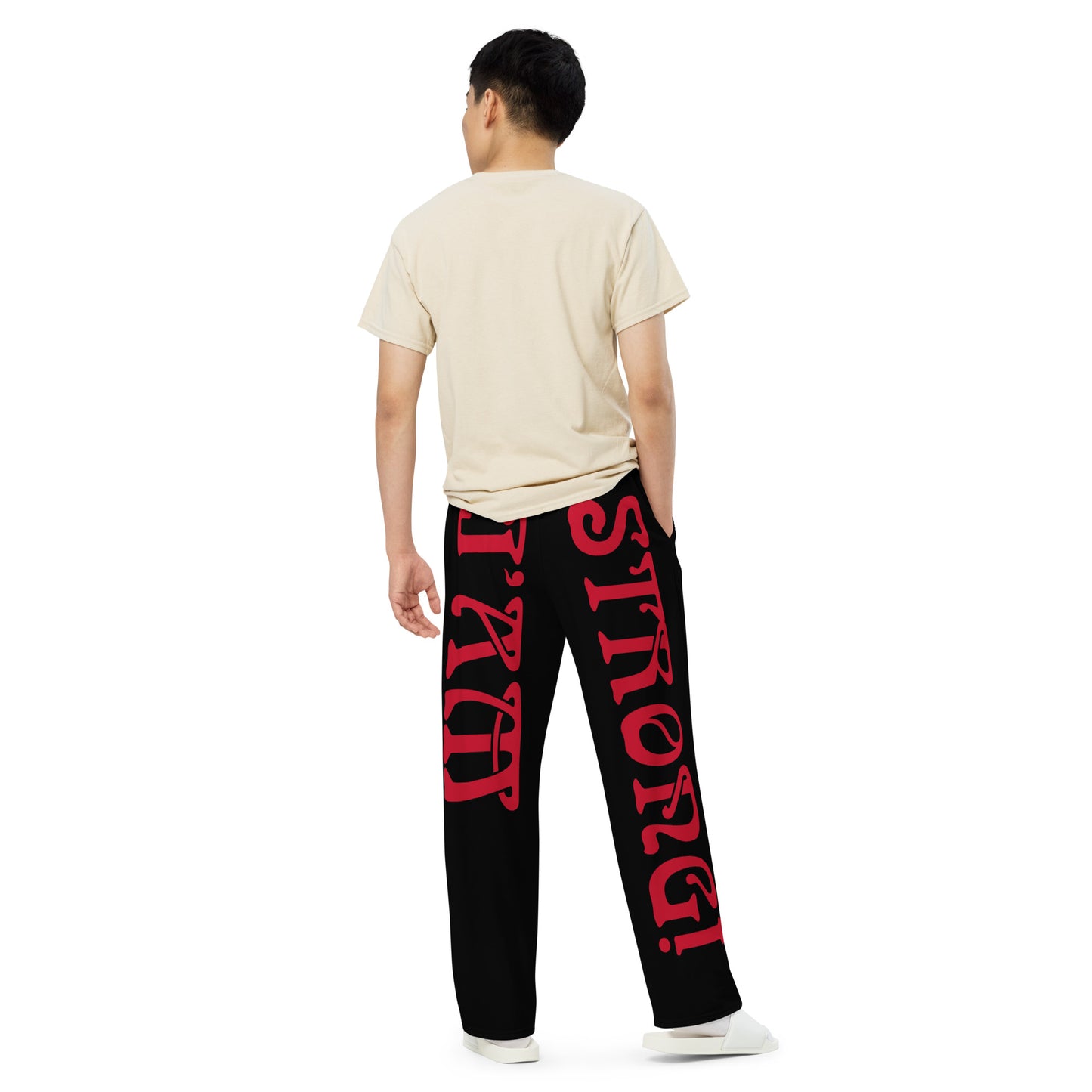 “I’AM STRONG!” Black Unisex Wide-Leg Pants W/Red Font