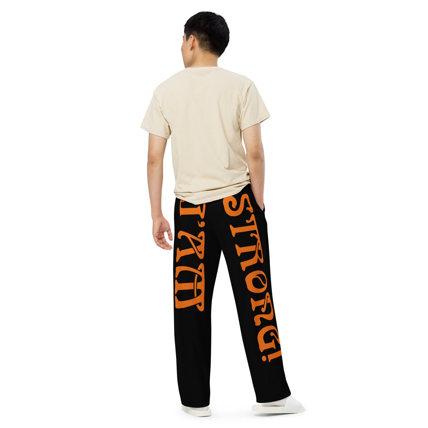 “I’AM STRONG!” Black Unisex Wide-Leg Pants W/Orange Font