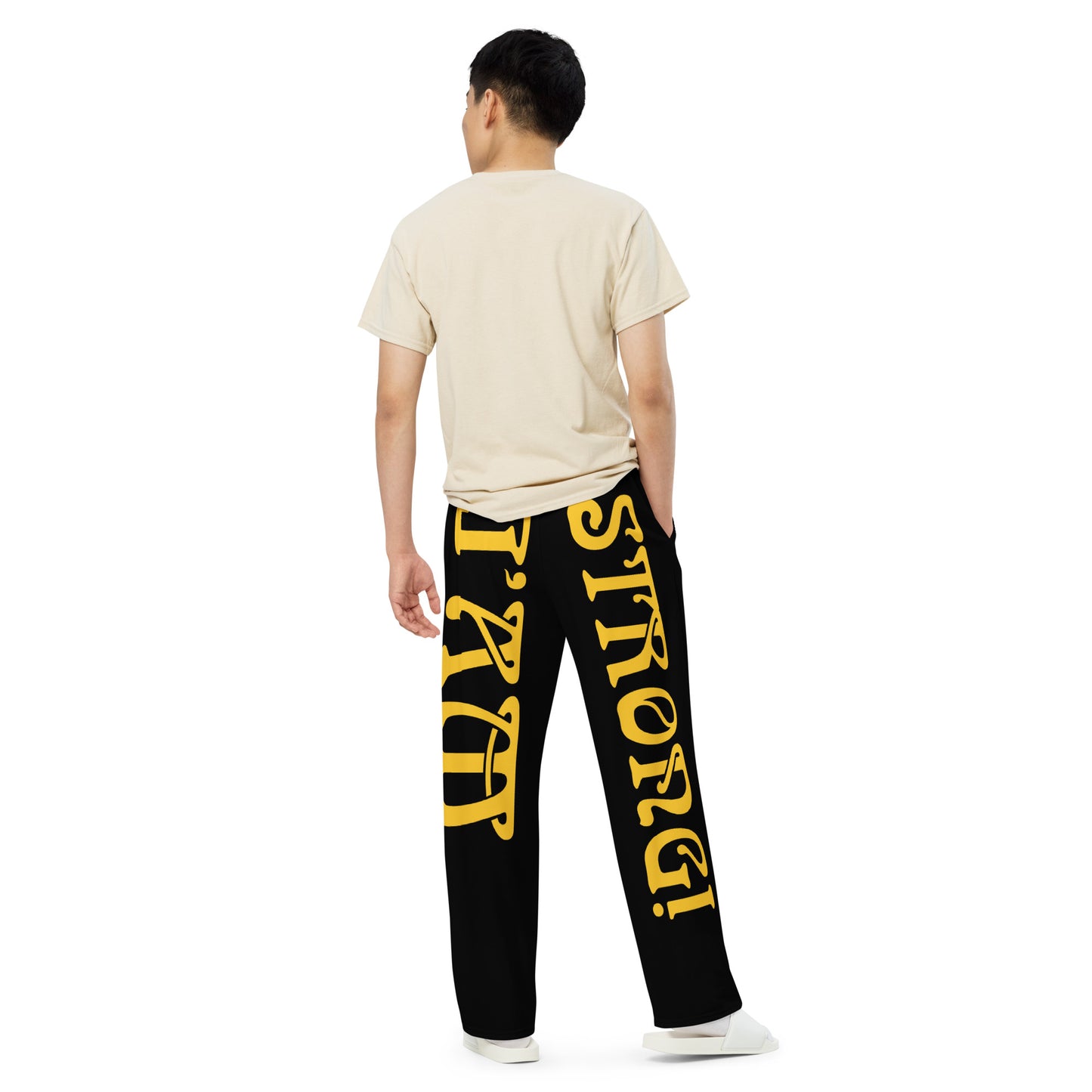 “I’AM STRONG!”Black Unisex Wide-Leg Pants W/Yellow Font