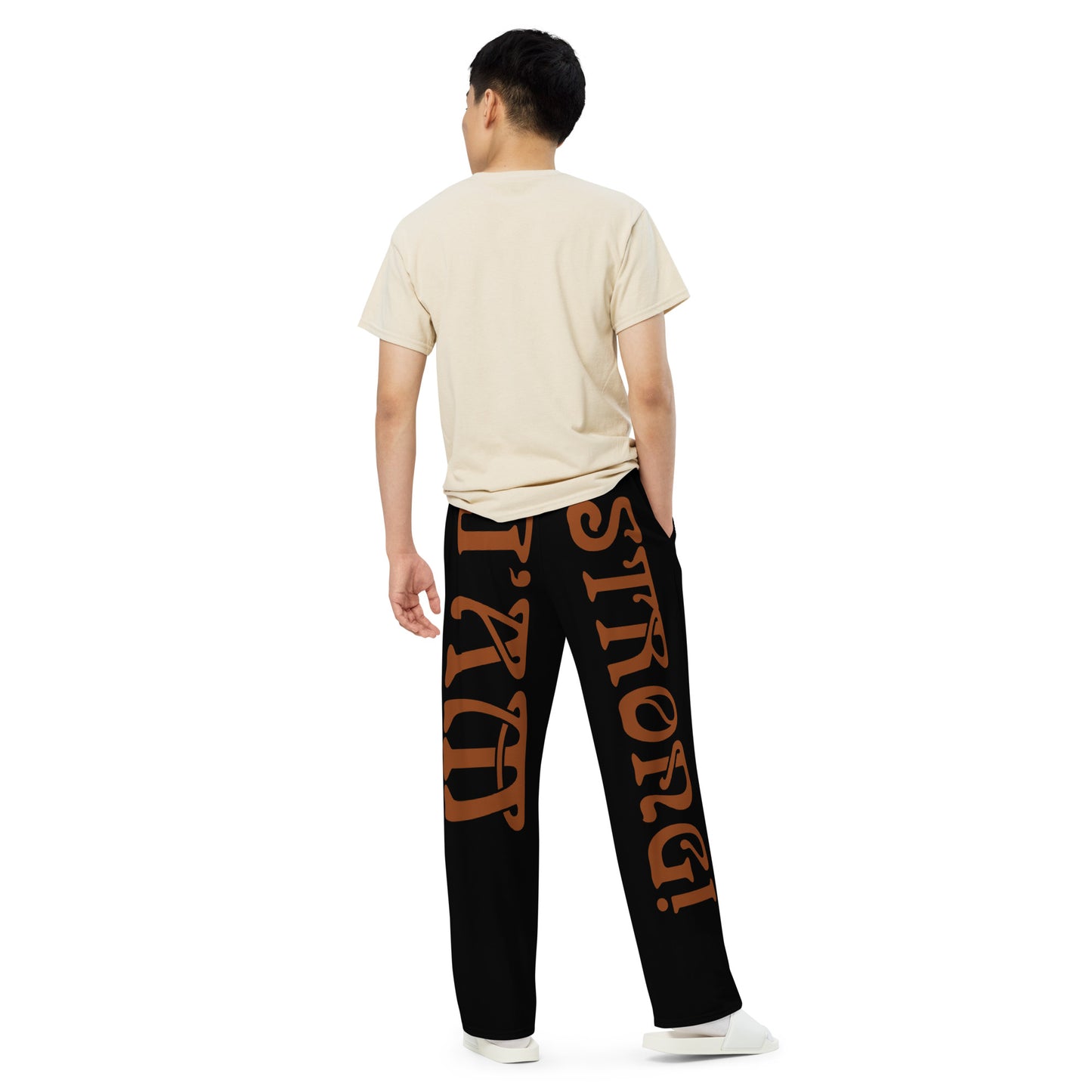 “I’AM STRONG!” Black Unisex Wide-Leg Pants W/Brown Font