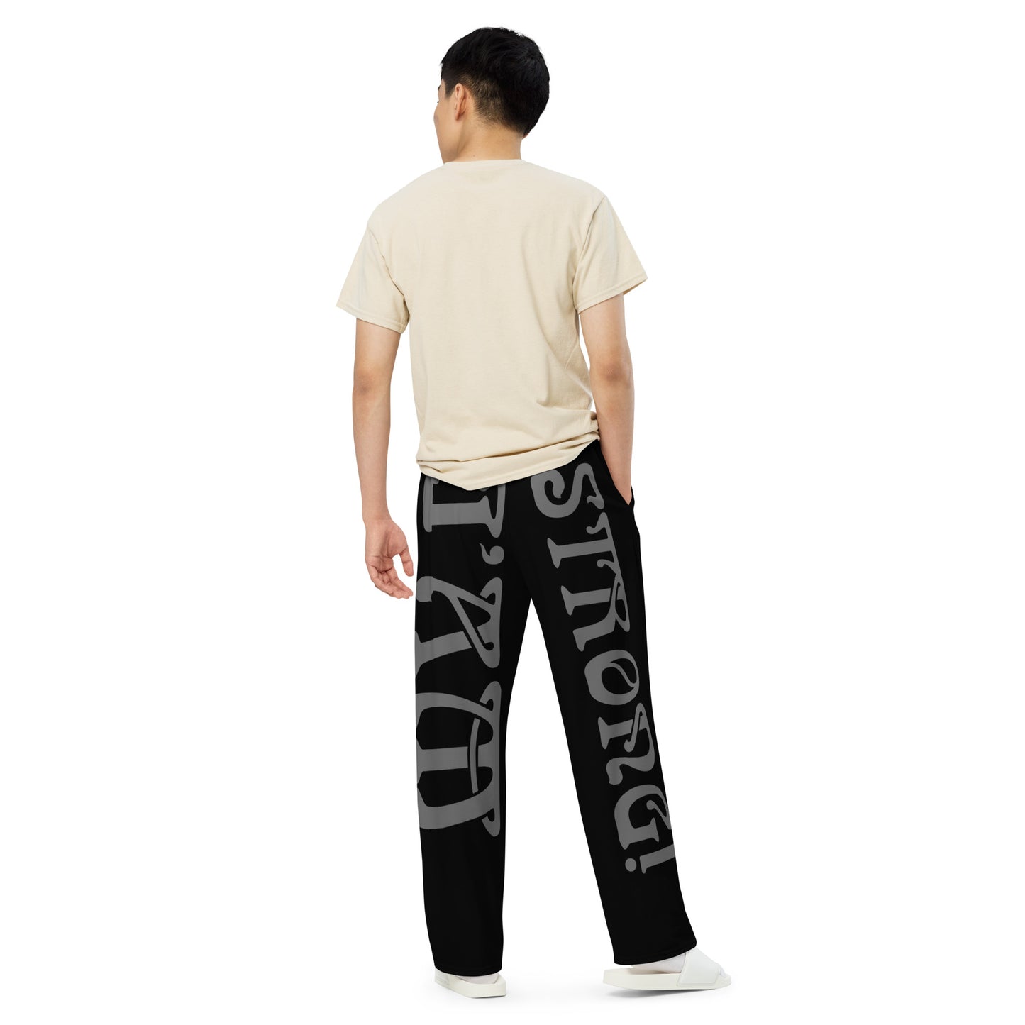 “I’AM STRONG!”Black Unisex Wide-Leg Pants W/Grey Font
