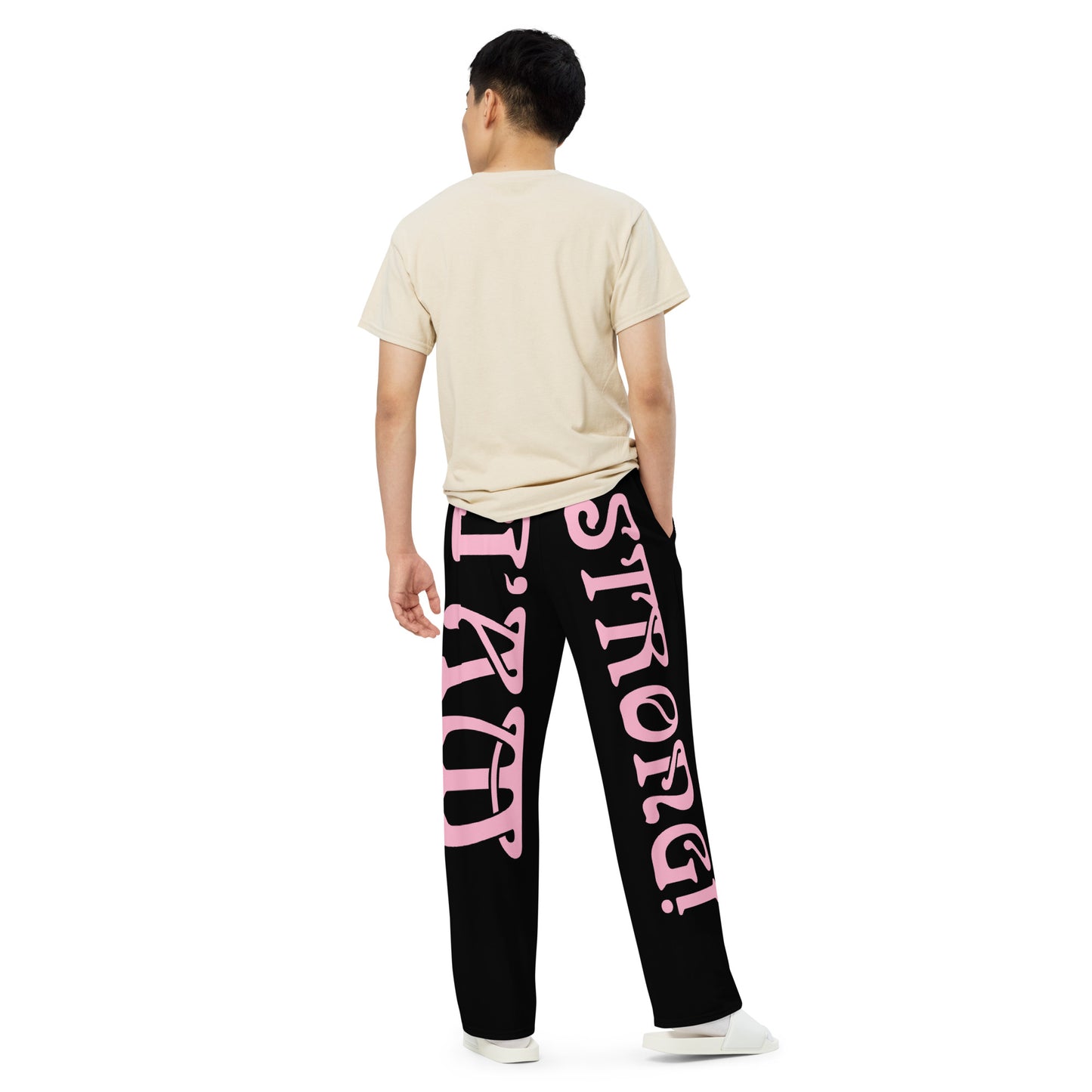 “I’AM STRONG!” Black Unisex Wide-Leg Pants W/Cotton Candy Font