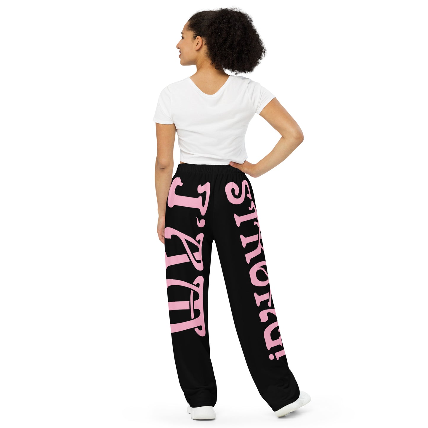 “I’AM STRONG!” Black Unisex Wide-Leg Pants W/Cotton Candy Font