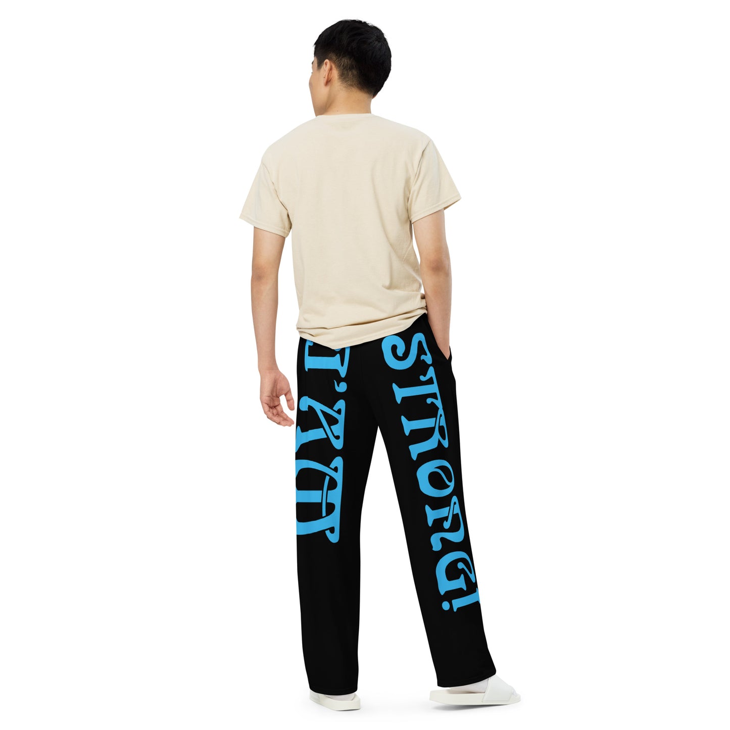 “I’AM STRONG!” Black Unisex Wide-Leg Pants W/SkyBlue Font