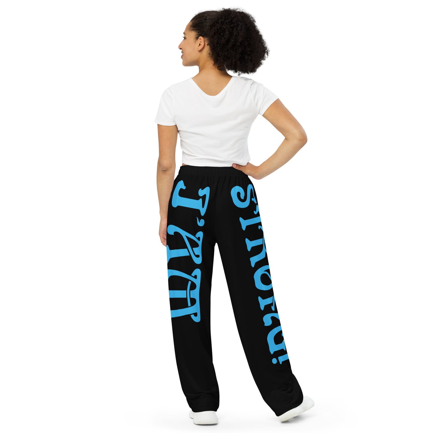 “I’AM STRONG!” Black Unisex Wide-Leg Pants W/SkyBlue Font