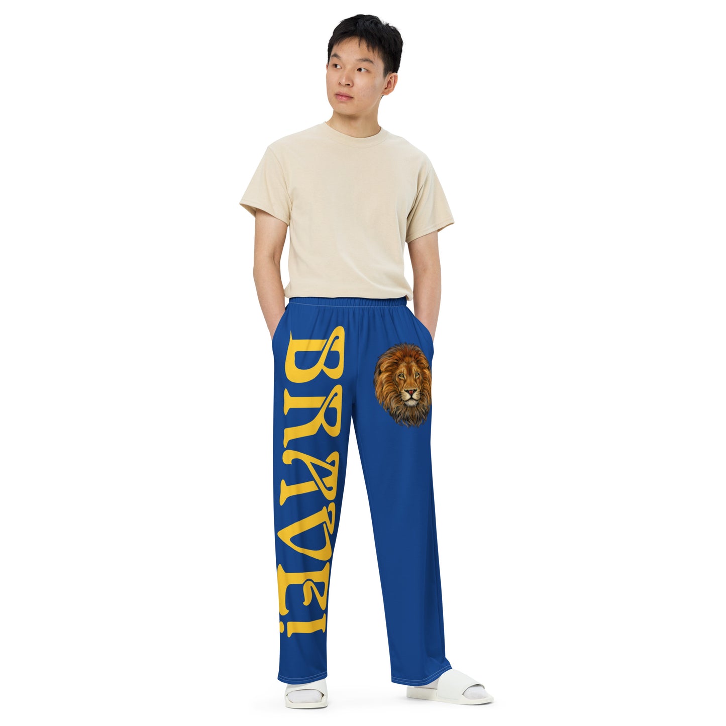 “BRAVE!”Blue Unisex Wide-Leg Pants W/Yellow Font