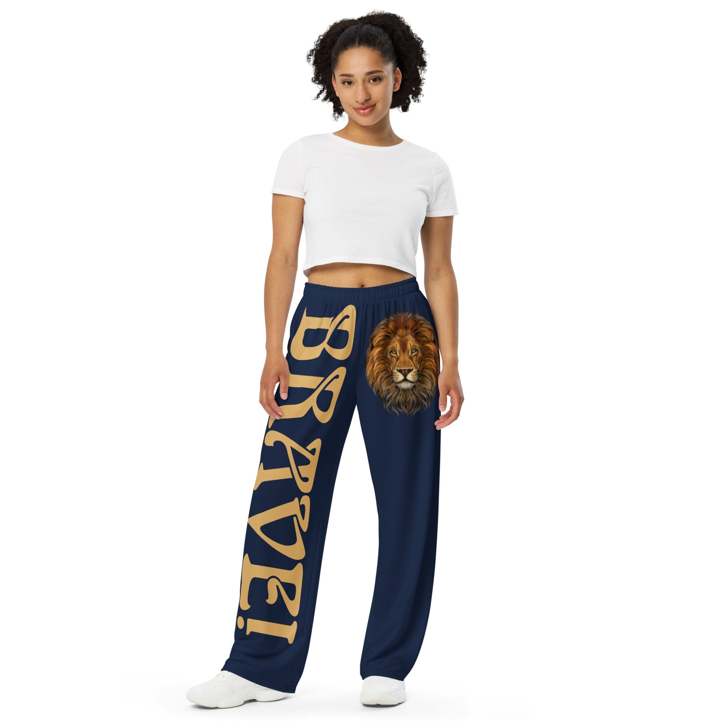 “BRAVE!”Navy Unisex Wide-Leg Pants W/Fawn Font