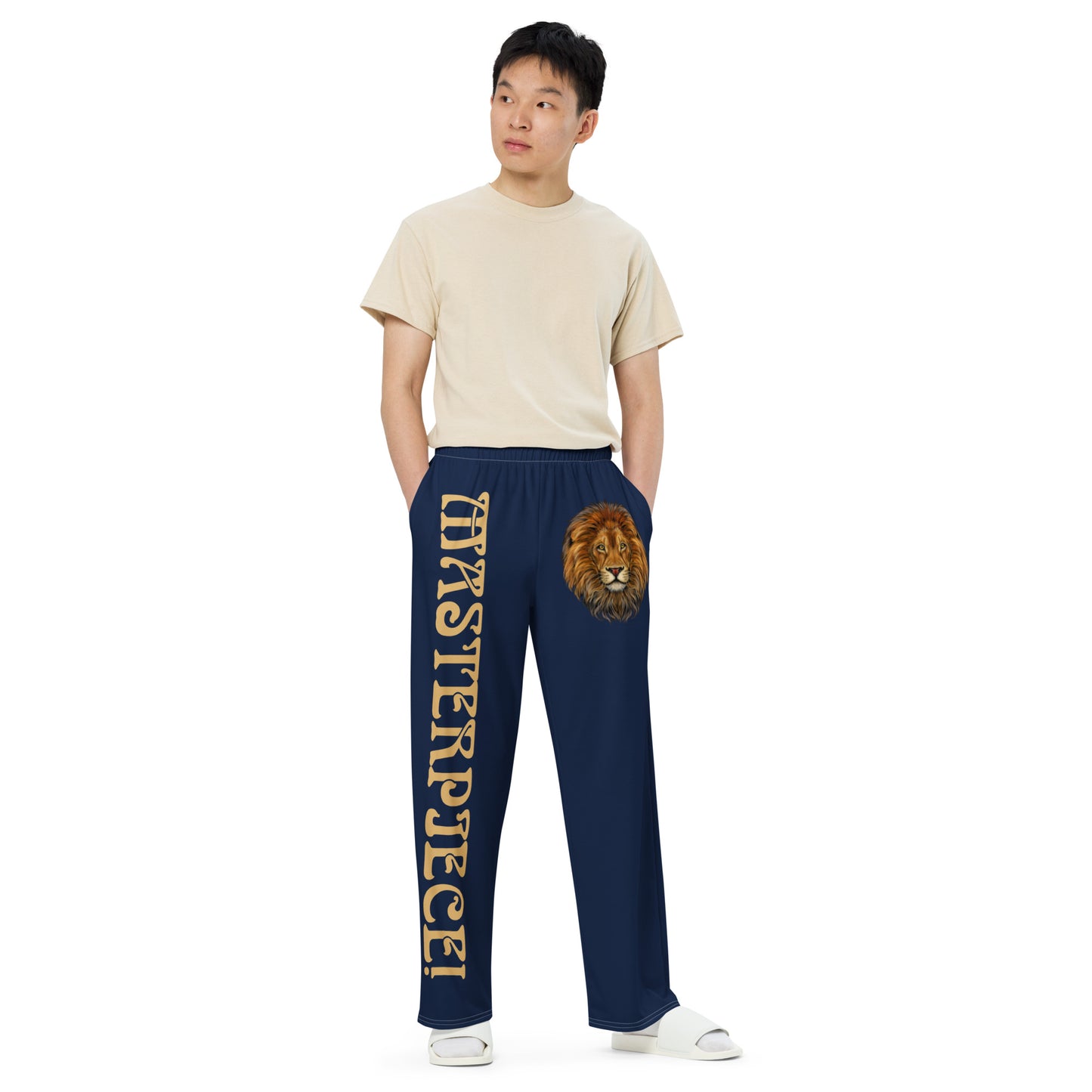 “MASTERPIECE!”Navy Unisex Wide-Leg Pants W/Fawn Font