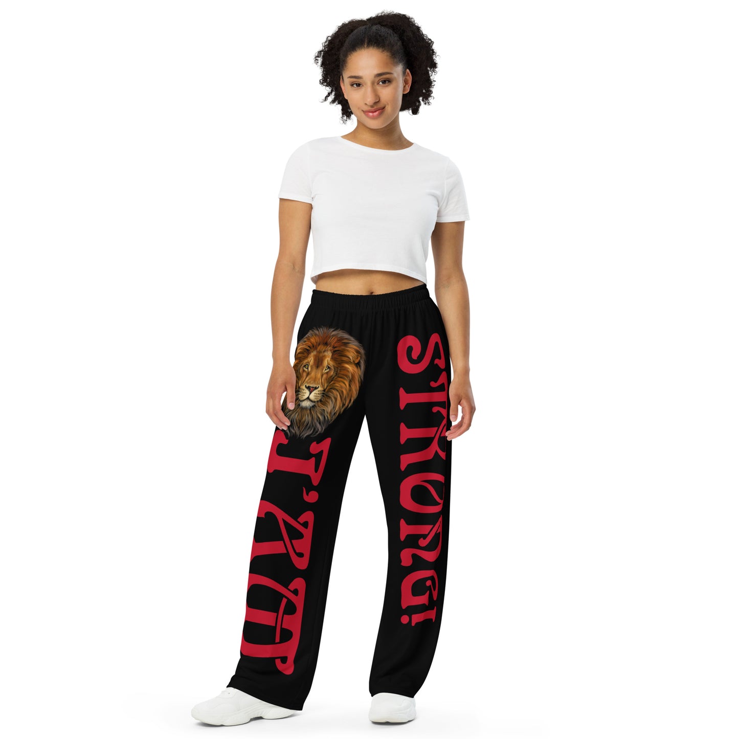 “I’AM STRONG!” Black Unisex Wide-Leg Pants W/Red Font
