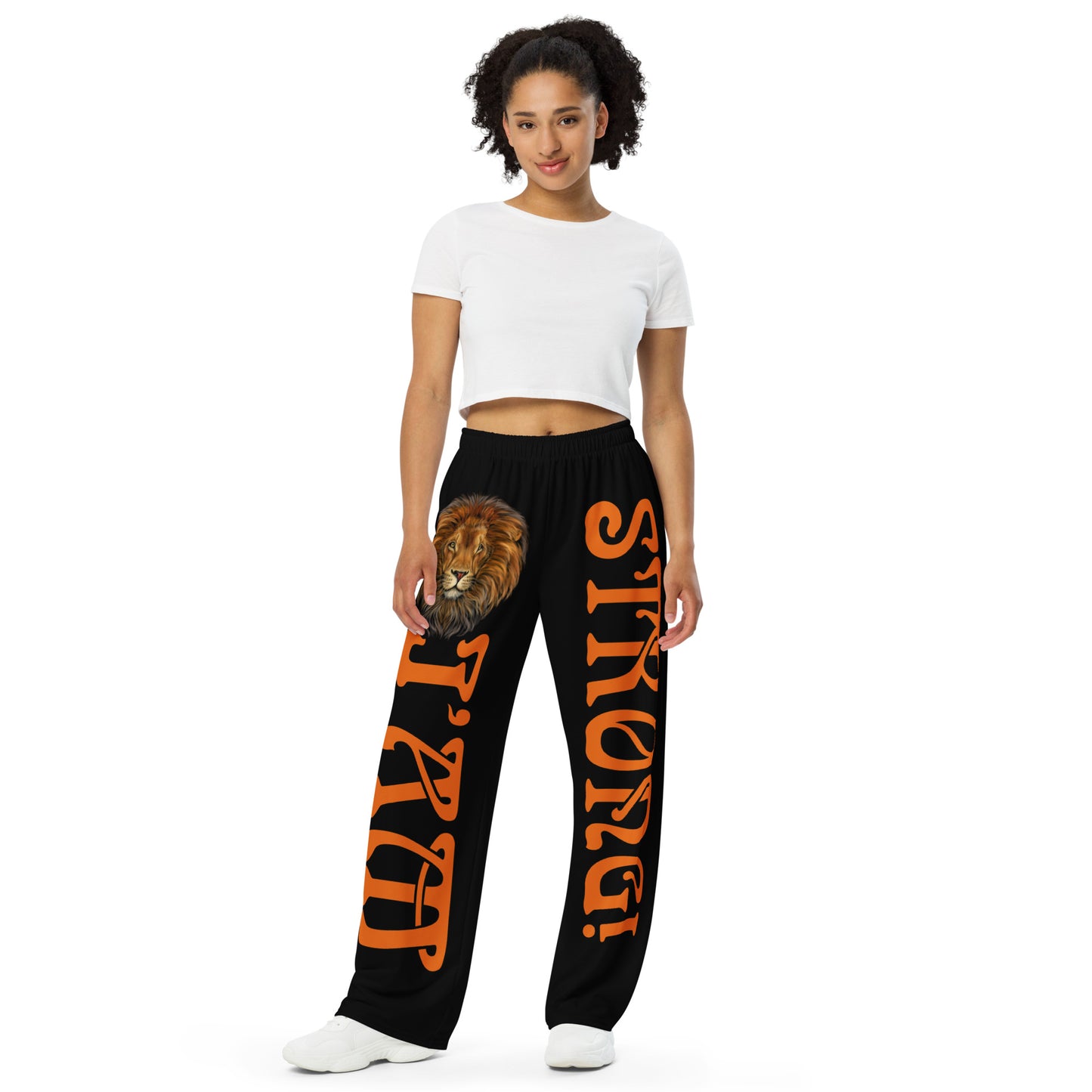 “I’AM STRONG!” Black Unisex Wide-Leg Pants W/Orange Font