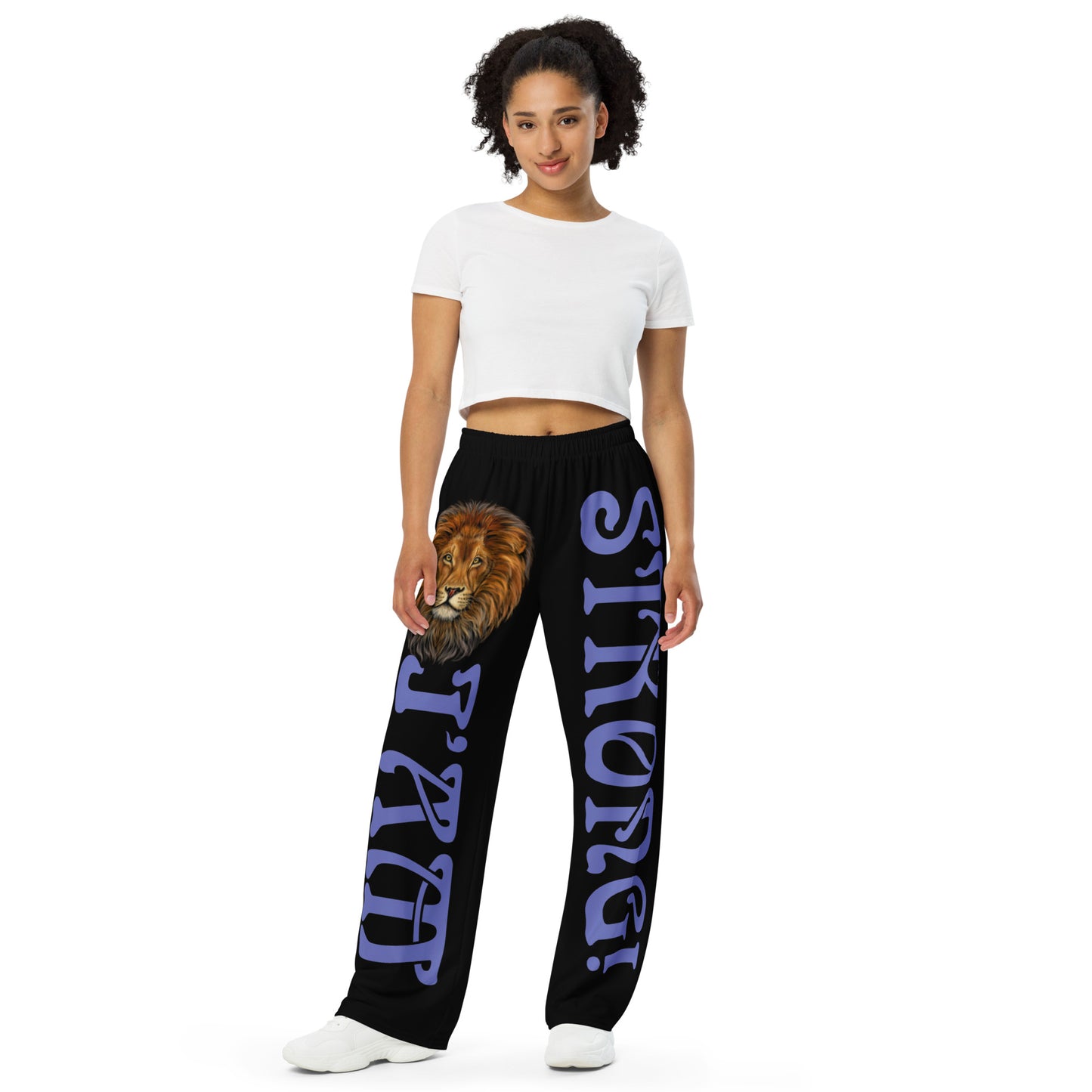 “I’AM STRONG!” Black Unisex Wide-Leg Pants W/Purple Font