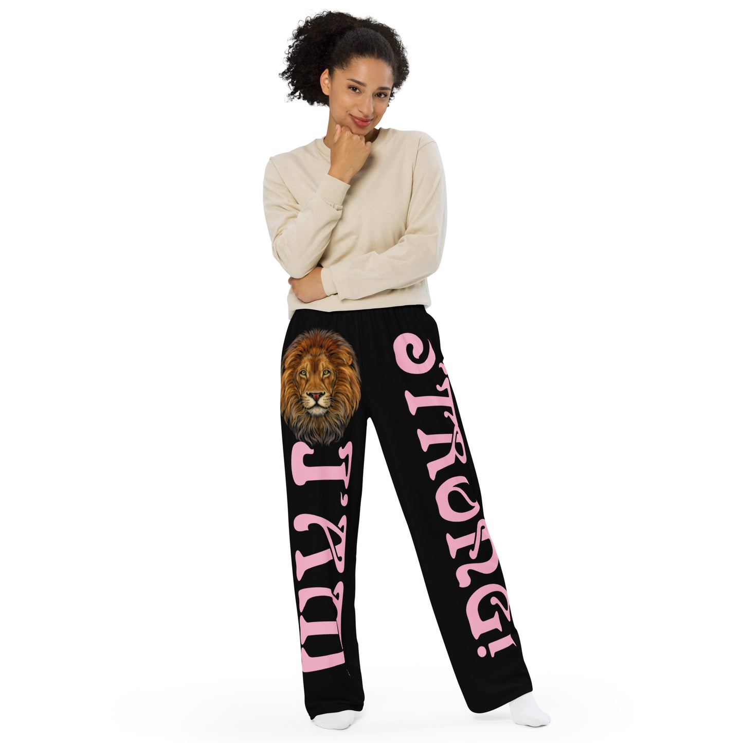 “I’AM STRONG!” Black Unisex Wide-Leg Pants W/Cotton Candy Font