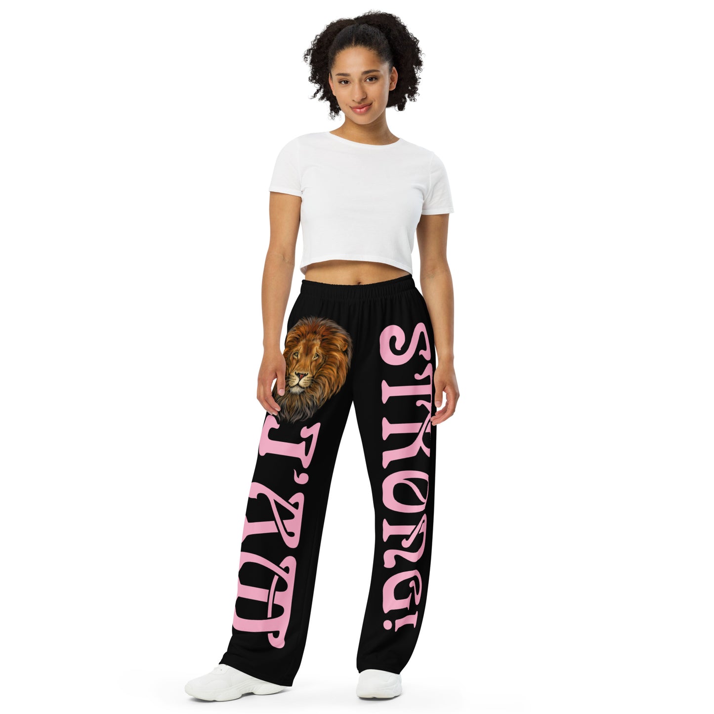 “I’AM STRONG!” Black Unisex Wide-Leg Pants W/Cotton Candy Font