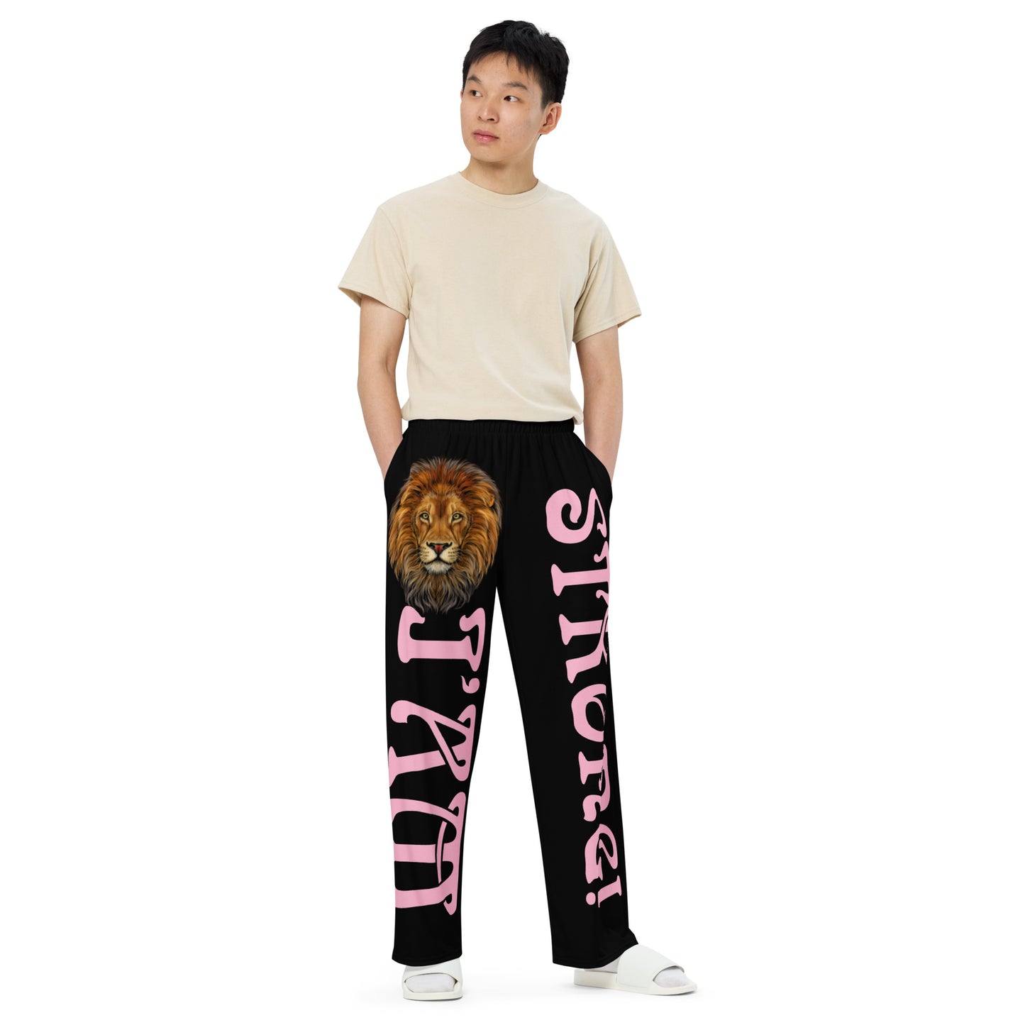 “I’AM STRONG!” Black Unisex Wide-Leg Pants W/Cotton Candy Font