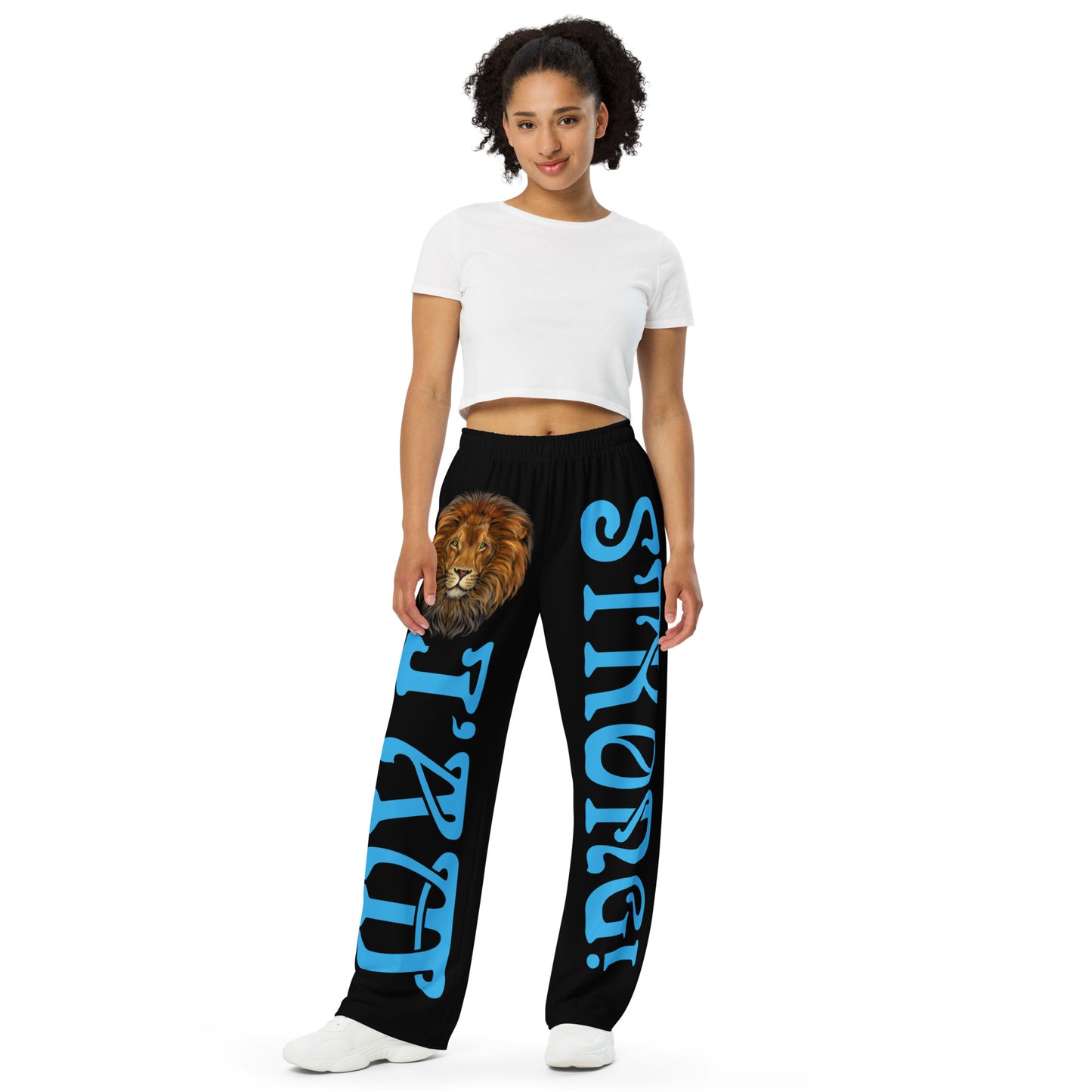 “I’AM STRONG!” Black Unisex Wide-Leg Pants W/SkyBlue Font