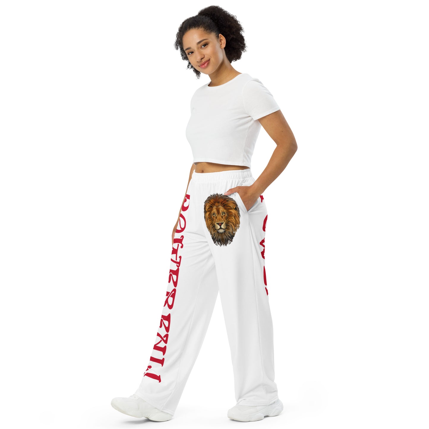 “POWERFUL!”White Unisex Wide-Leg Pants W/Red Font