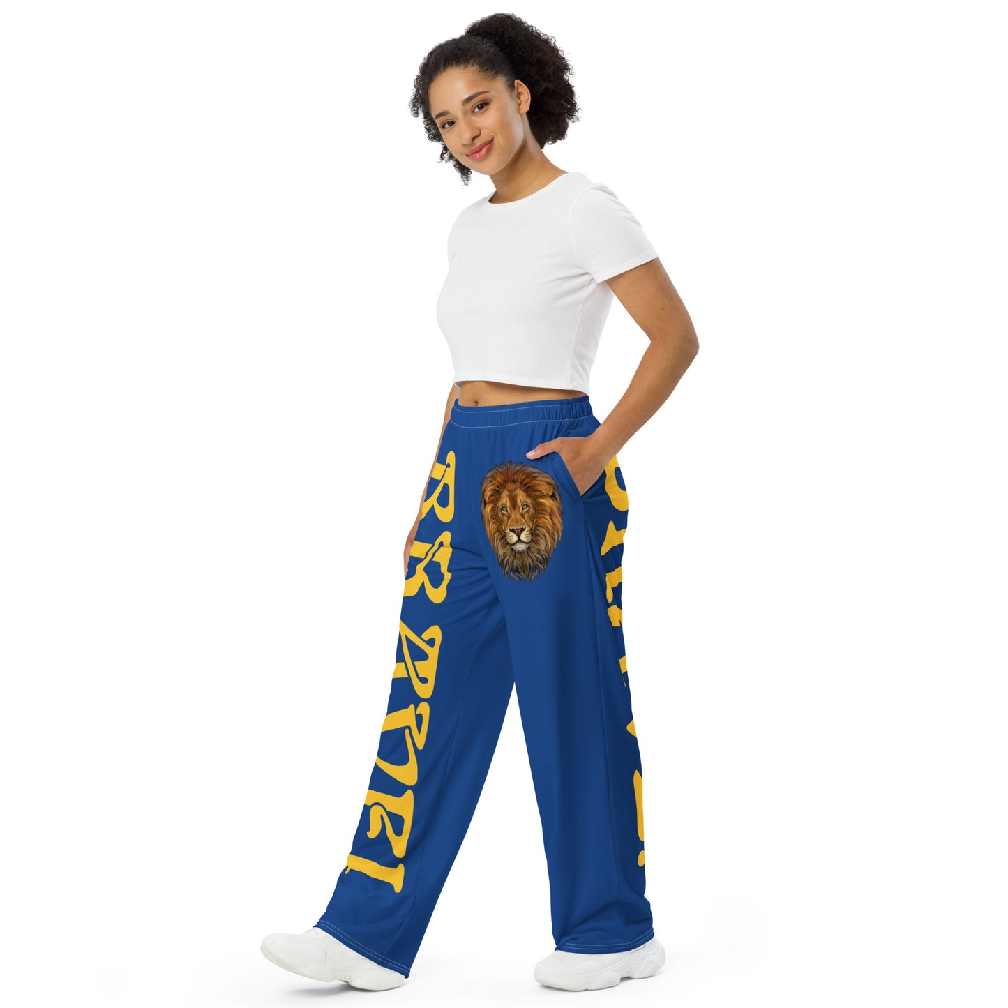 “BRAVE!”Blue Unisex Wide-Leg Pants W/Yellow Font