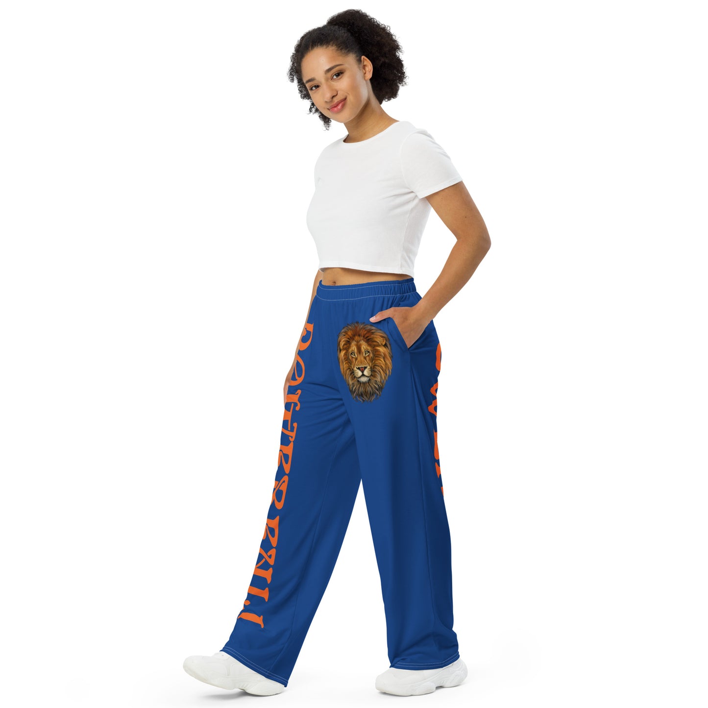 “POWERFUL!”Blue Unisex Wide-Leg Pants W/Orange Font