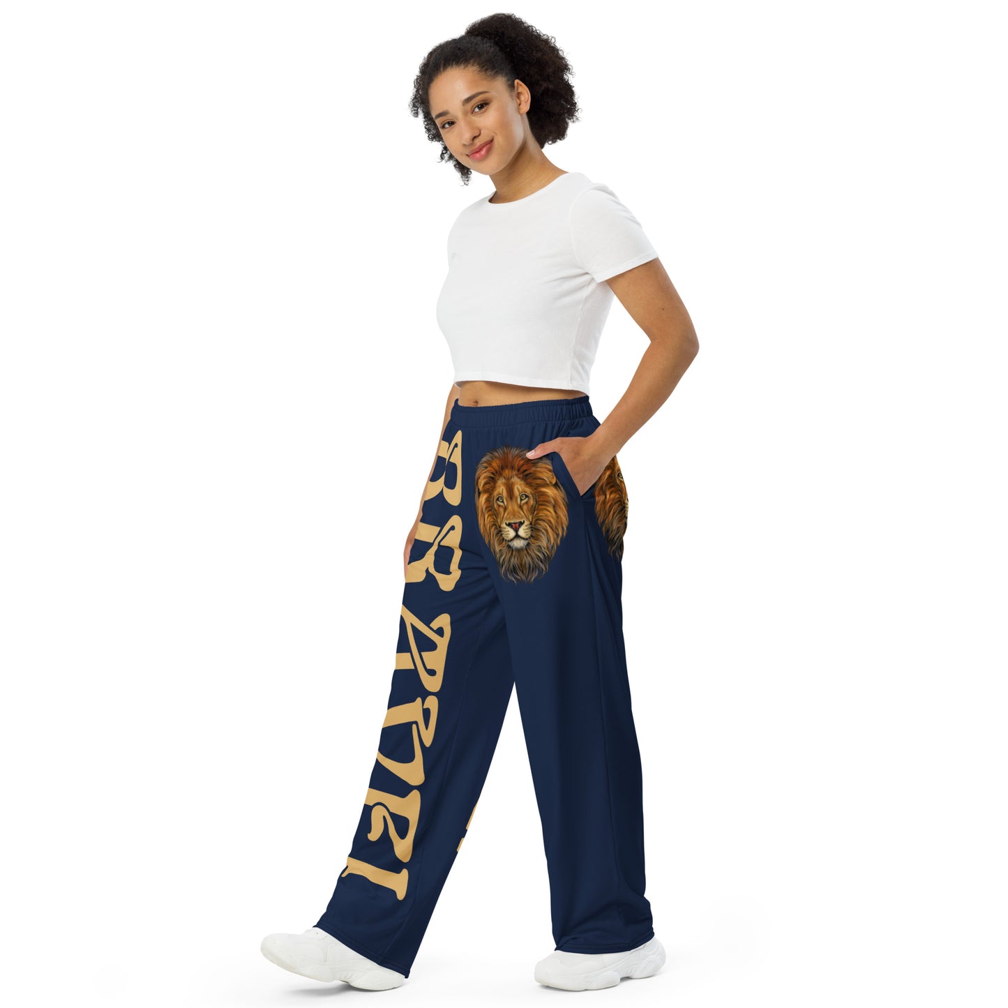 “BRAVE!”Navy Unisex Wide-Leg Pants W/Fawn Font
