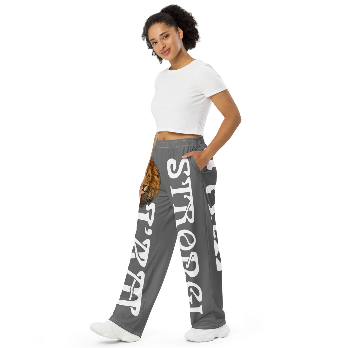 “I’AM STRONG!” Grey Unisex Wide-Leg Pants W/White Font