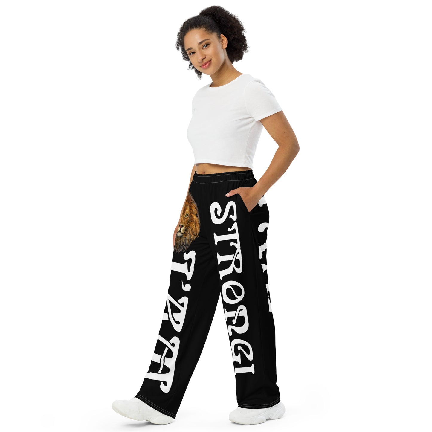 “I’AM STRONG!”Black Unisex Wide-Leg Pants W/White Font