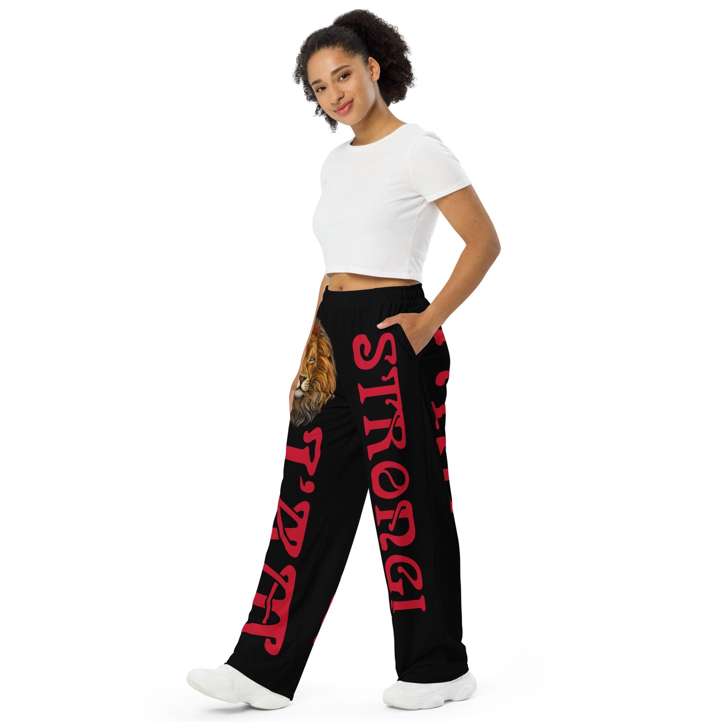 “I’AM STRONG!” Black Unisex Wide-Leg Pants W/Red Font