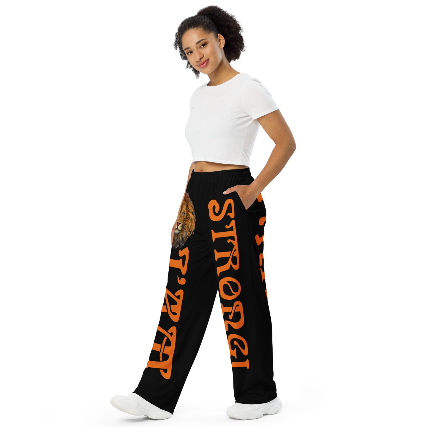 “I’AM STRONG!” Black Unisex Wide-Leg Pants W/Orange Font