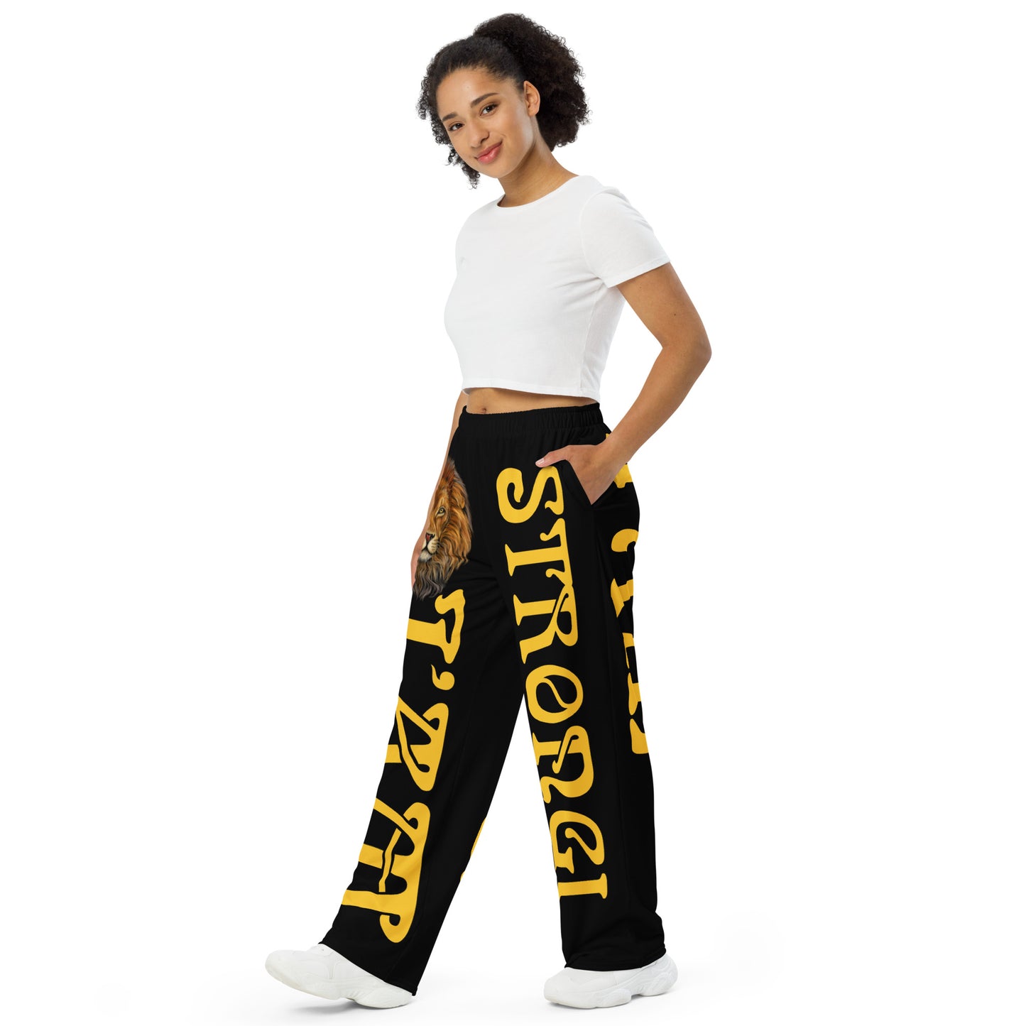 “I’AM STRONG!”Black Unisex Wide-Leg Pants W/Yellow Font