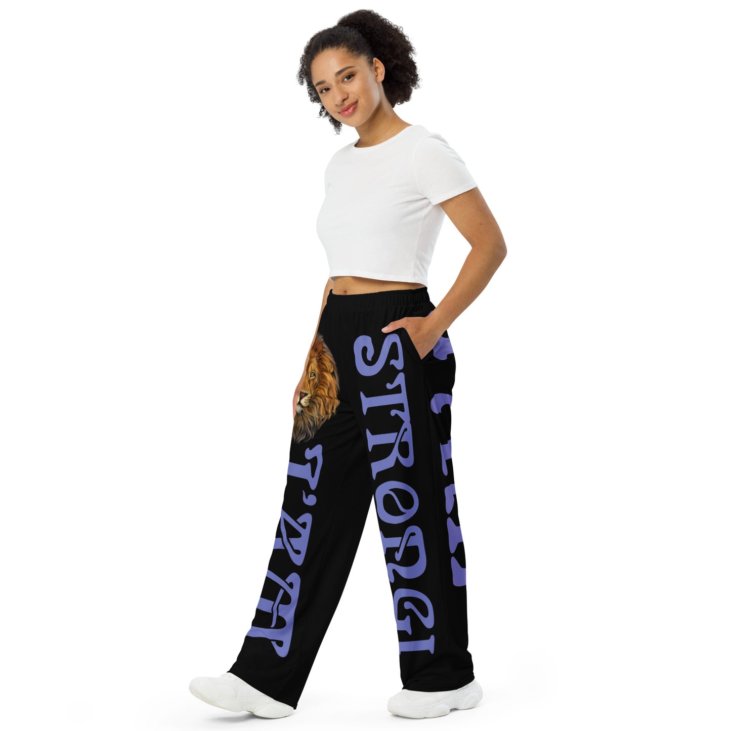 “I’AM STRONG!” Black Unisex Wide-Leg Pants W/Purple Font