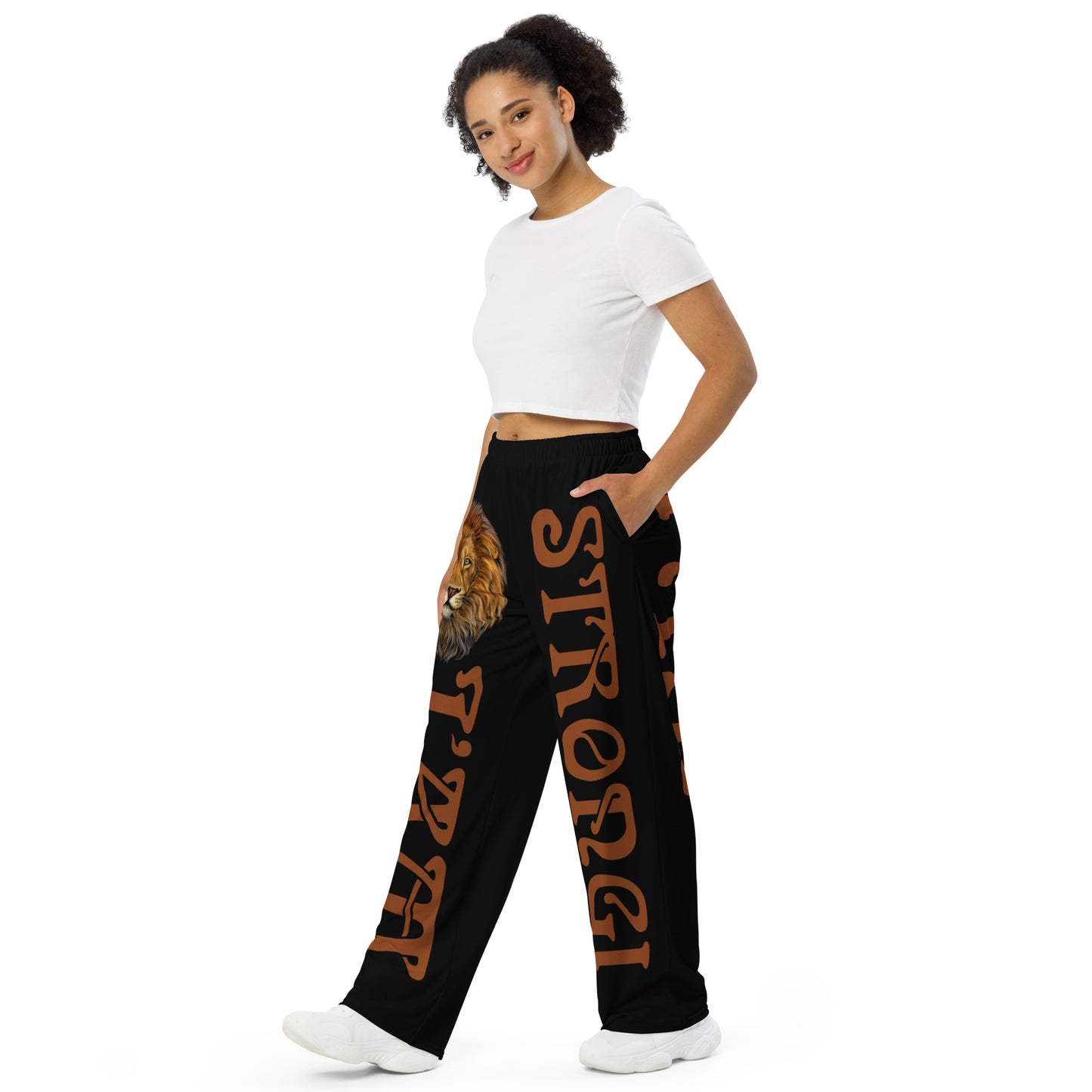 “I’AM STRONG!” Black Unisex Wide-Leg Pants W/Brown Font