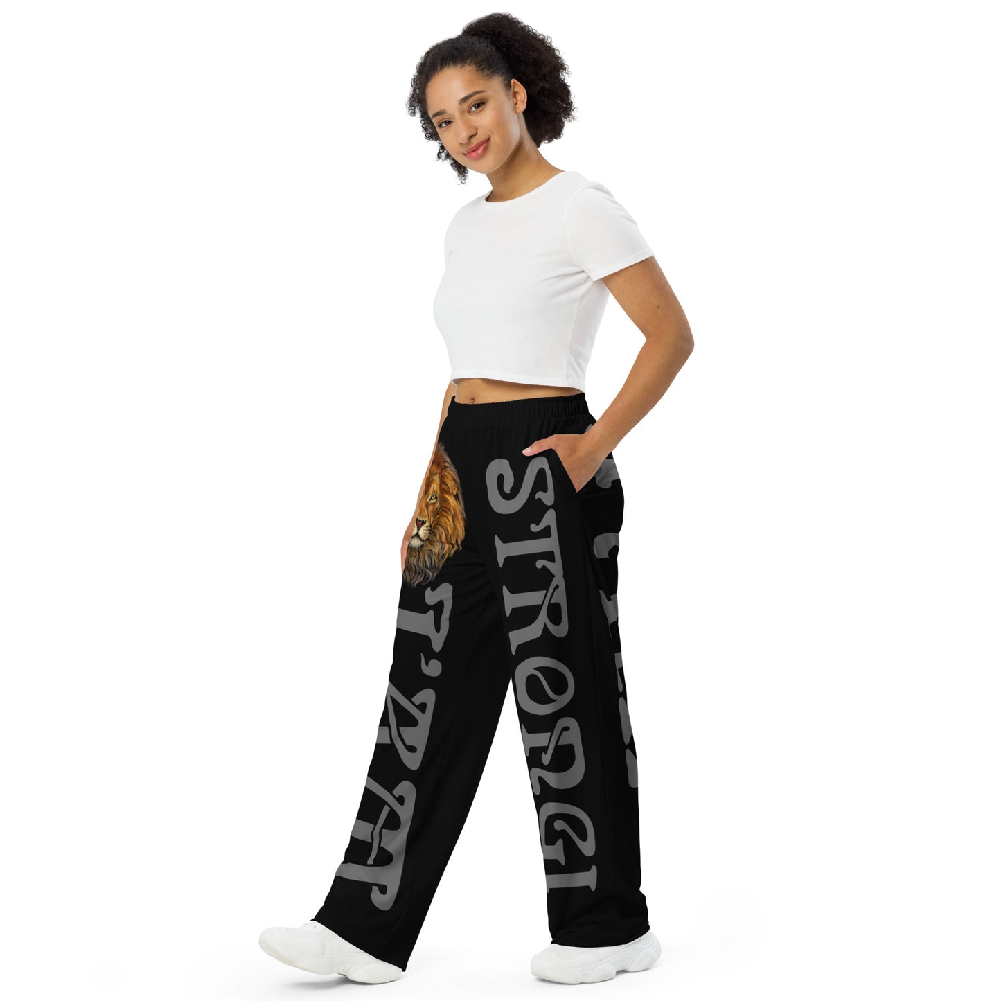 “I’AM STRONG!”Black Unisex Wide-Leg Pants W/Grey Font