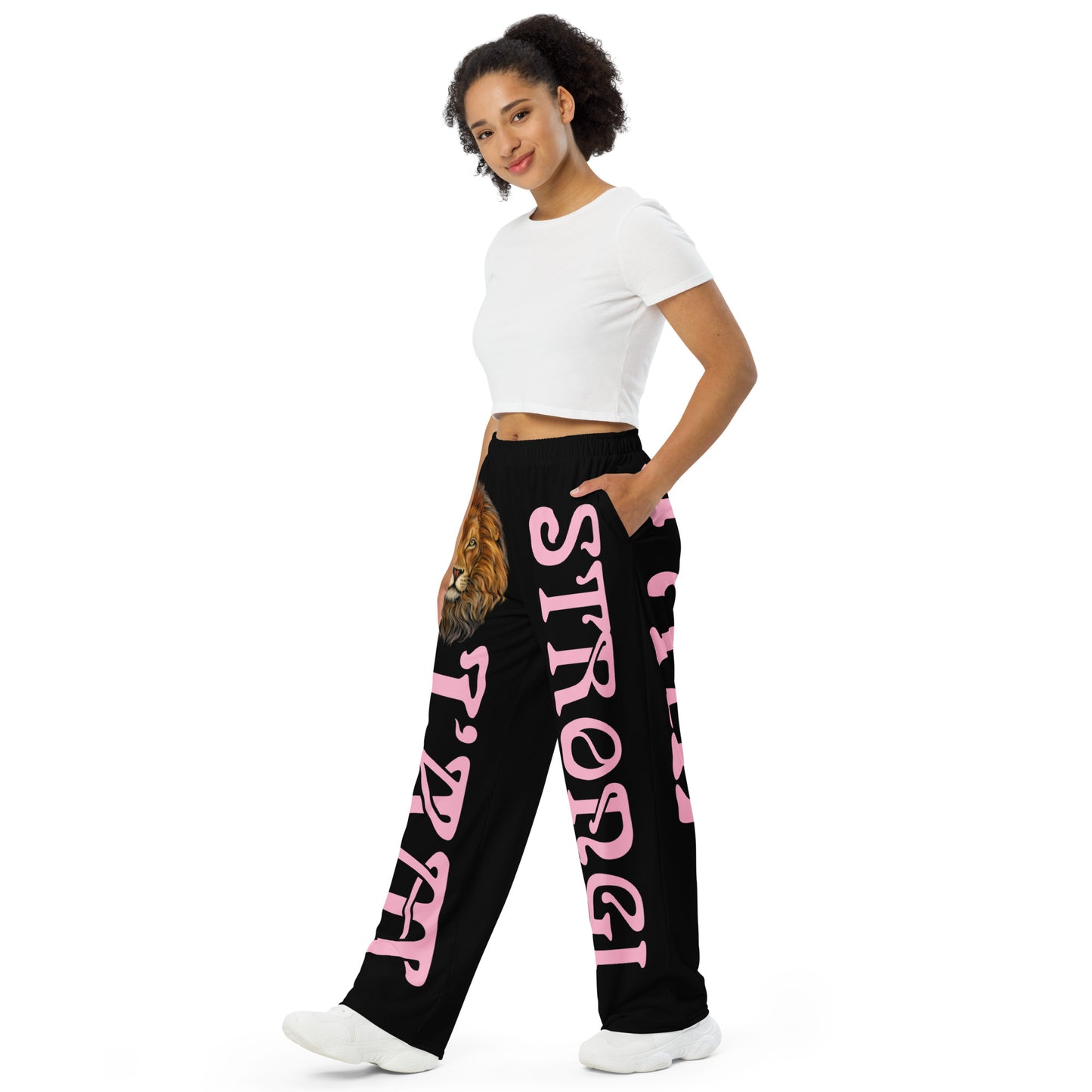 “I’AM STRONG!” Black Unisex Wide-Leg Pants W/Cotton Candy Font