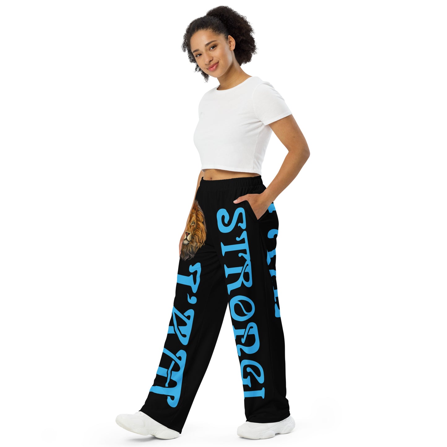 “I’AM STRONG!” Black Unisex Wide-Leg Pants W/SkyBlue Font