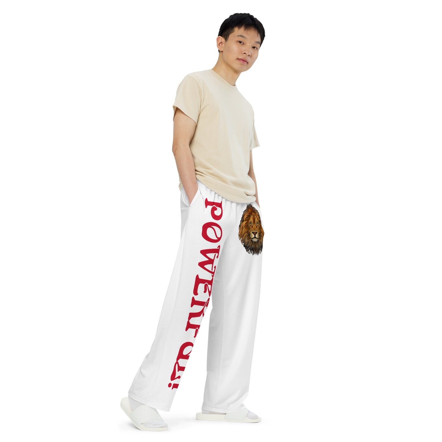 “POWERFUL!”White Unisex Wide-Leg Pants W/Red Font