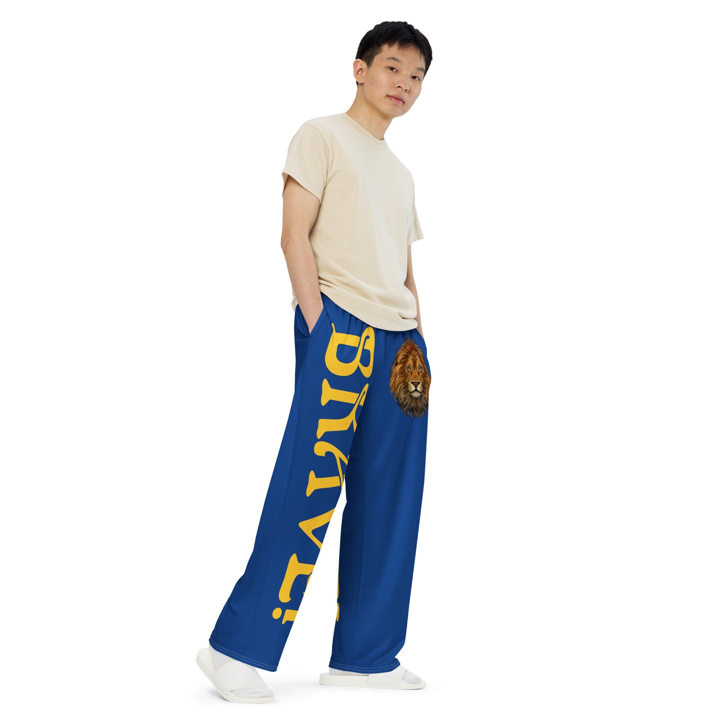 “BRAVE!”Blue Unisex Wide-Leg Pants W/Yellow Font