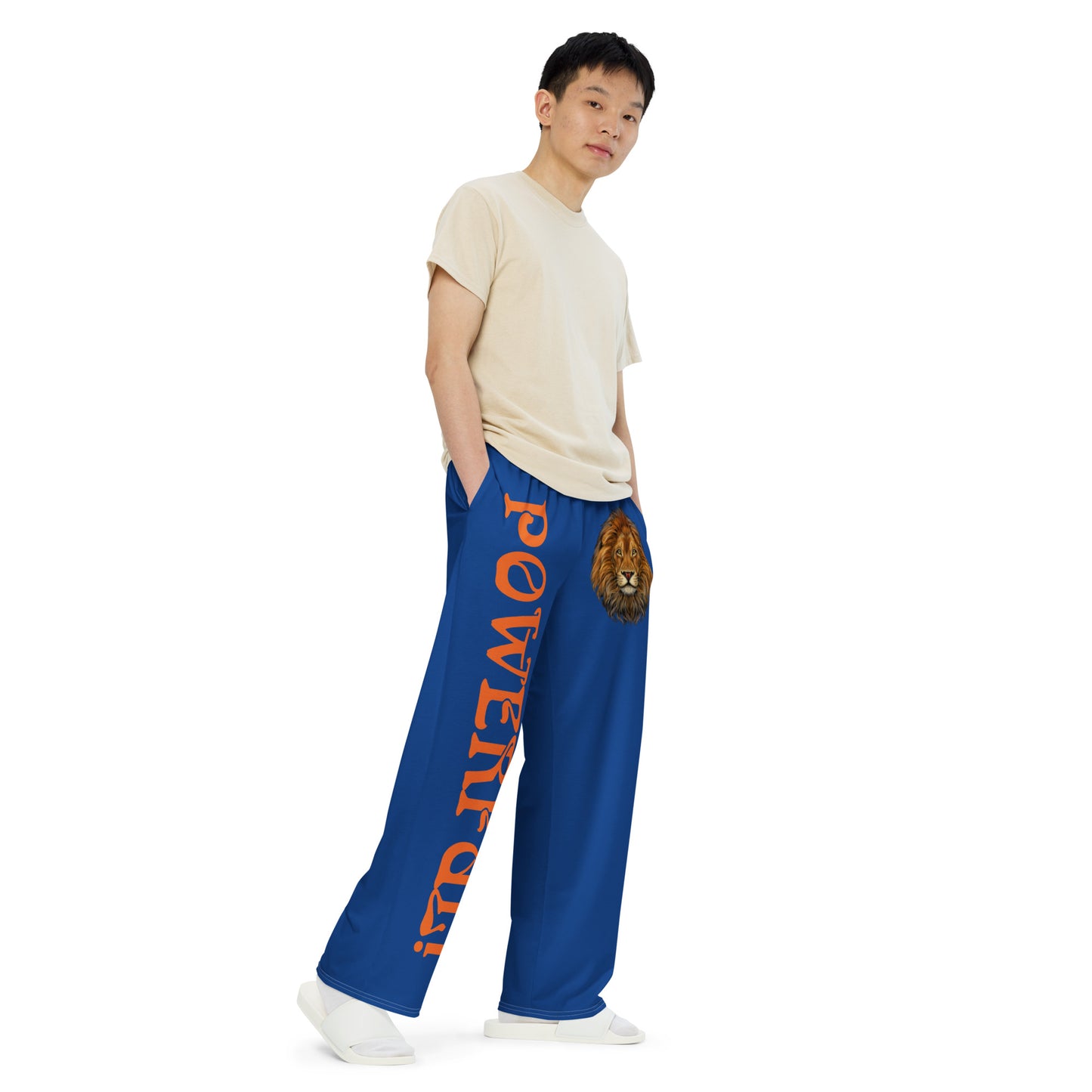“POWERFUL!”Blue Unisex Wide-Leg Pants W/Orange Font