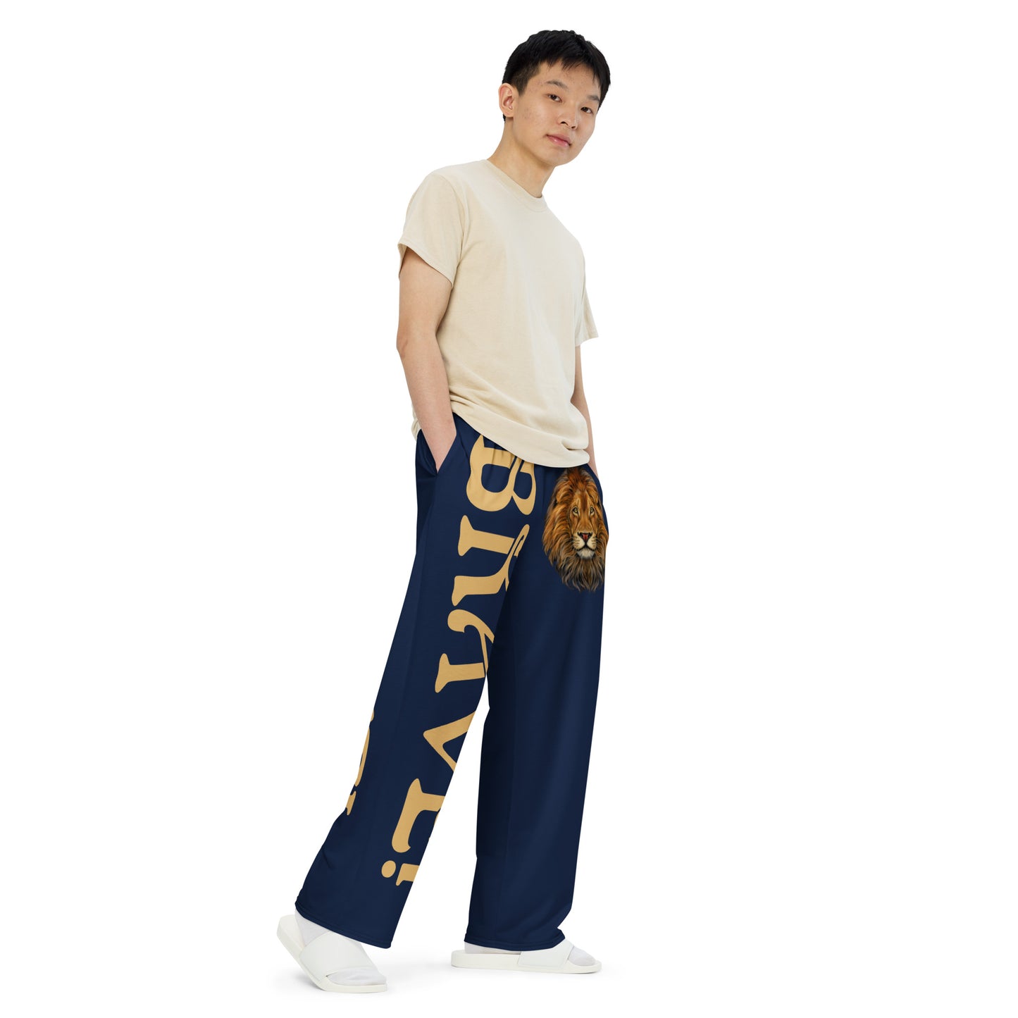 “BRAVE!”Navy Unisex Wide-Leg Pants W/Fawn Font