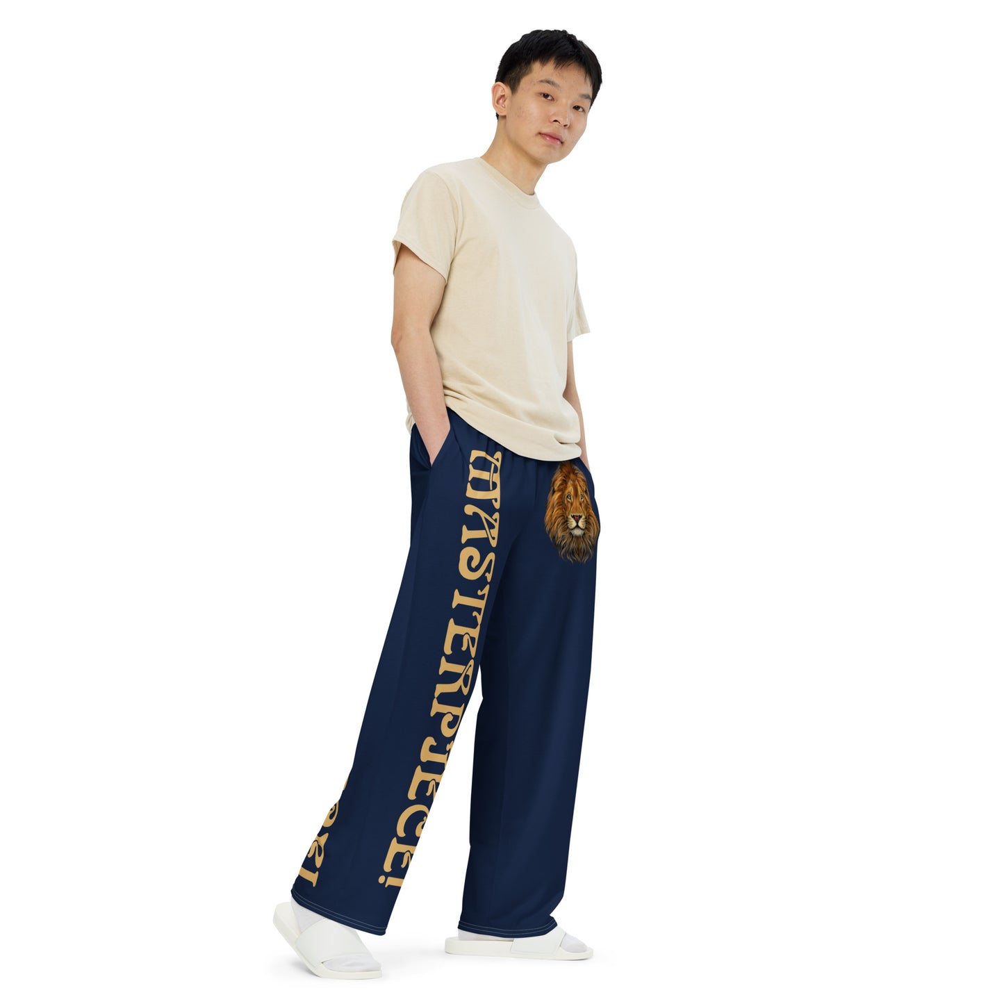 “MASTERPIECE!”Navy Unisex Wide-Leg Pants W/Fawn Font
