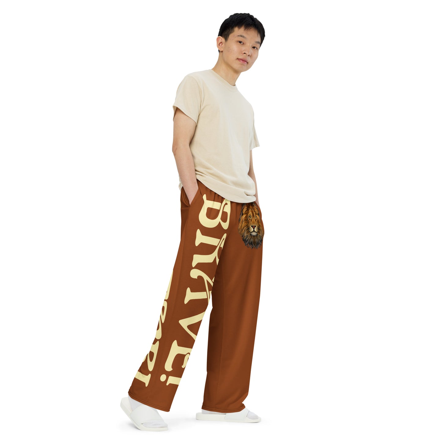 “BRAVE!”Brown Unisex Wide-Leg Pants W/Banana Font