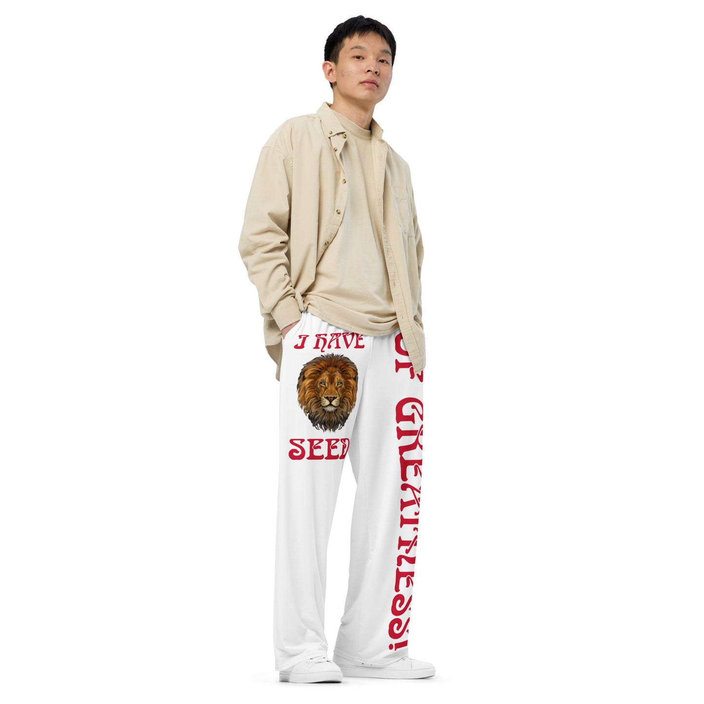 “I HAVE SEEDS OF GREATNESS!” White Unisex Wide-Leg Pants W/Red Font