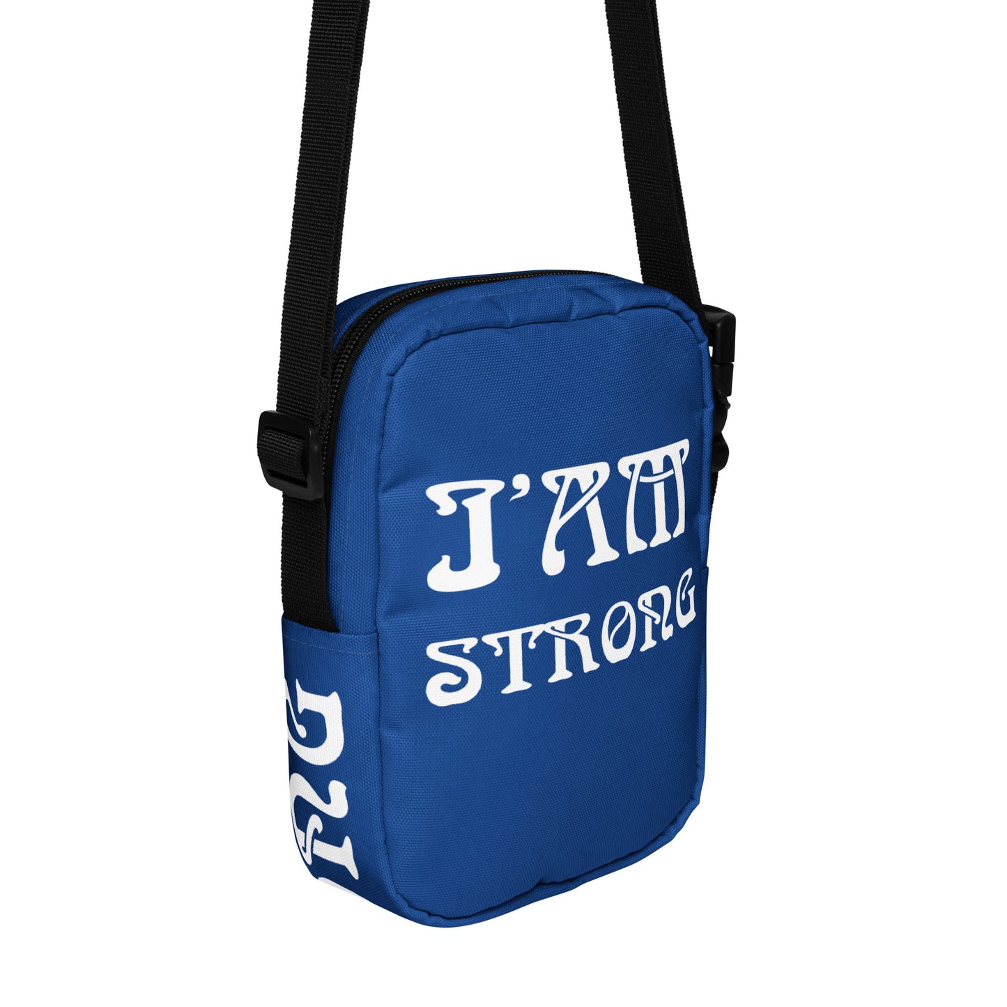 “I’AM STRONG”Blue Utility Crossbody Bag W/White Font