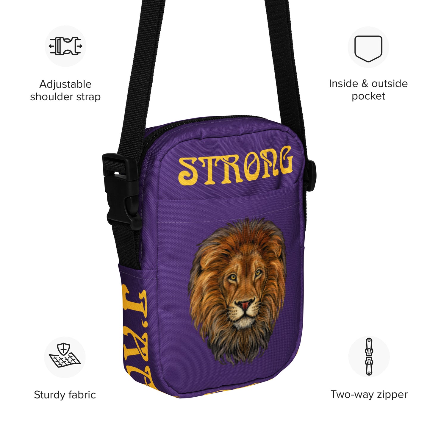 “I’AM STRONG”Purple Utility Crossbody Bag W/Yellow Font