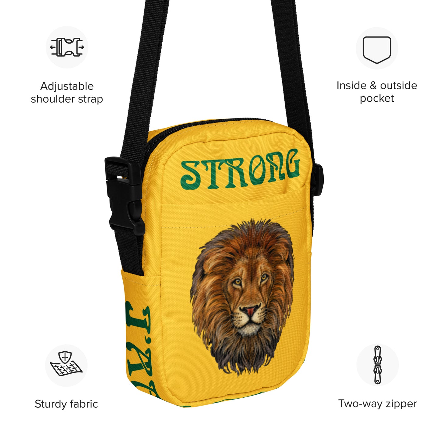 “I’AM STRONG”Yellow Utility Crossbody Bag W/Green Font