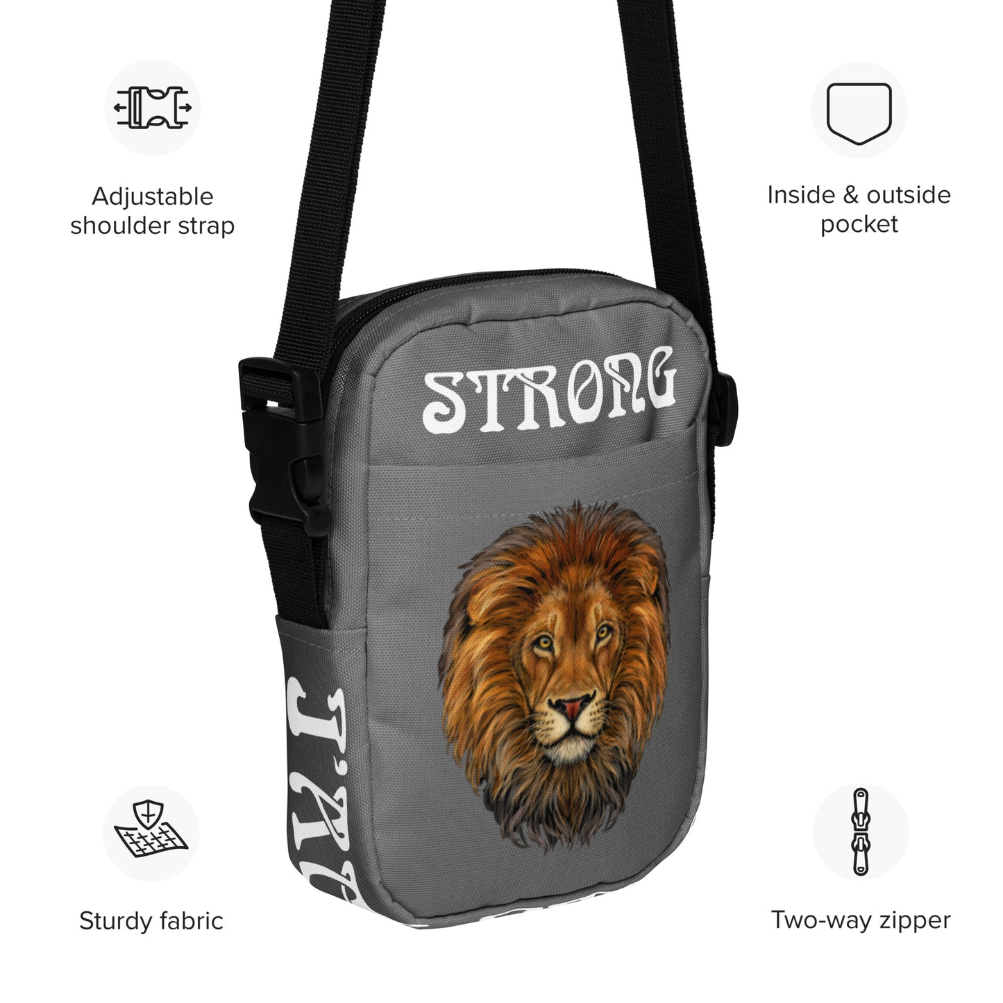“I’AM STRONG”Grey Utility Crossbody Bag W/White Font