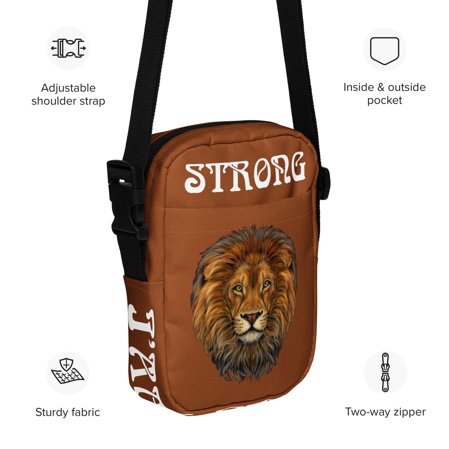 “I’AM STRONG”Brown Utility Crossbody Bag W/White Font