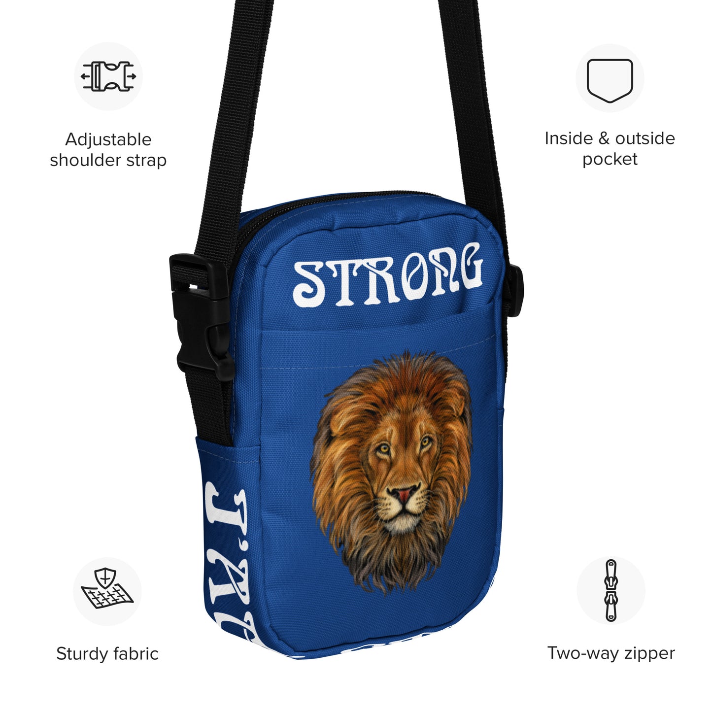 “I’AM STRONG”Blue Utility Crossbody Bag W/White Font