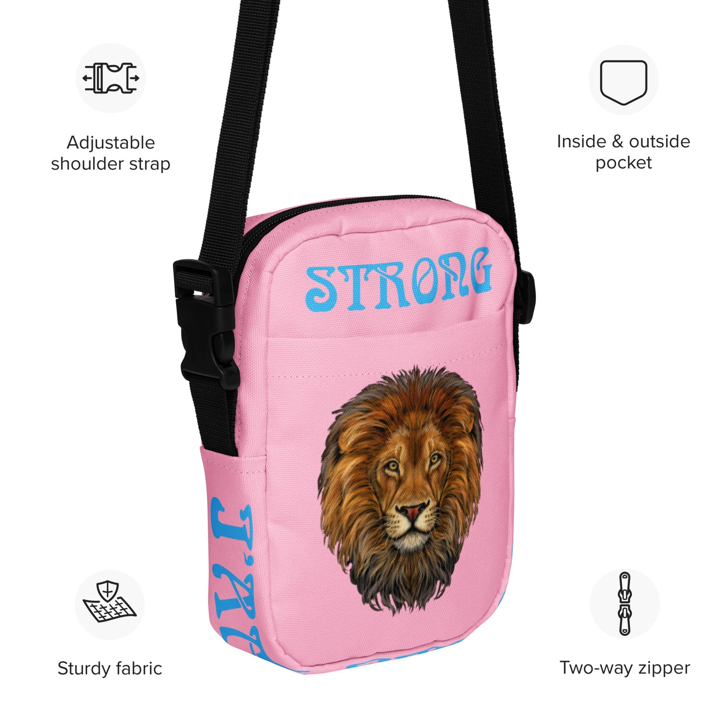 “I’AM STRONG”Cotton Candy Utility Crossbody Bag W/SkyBlue Font