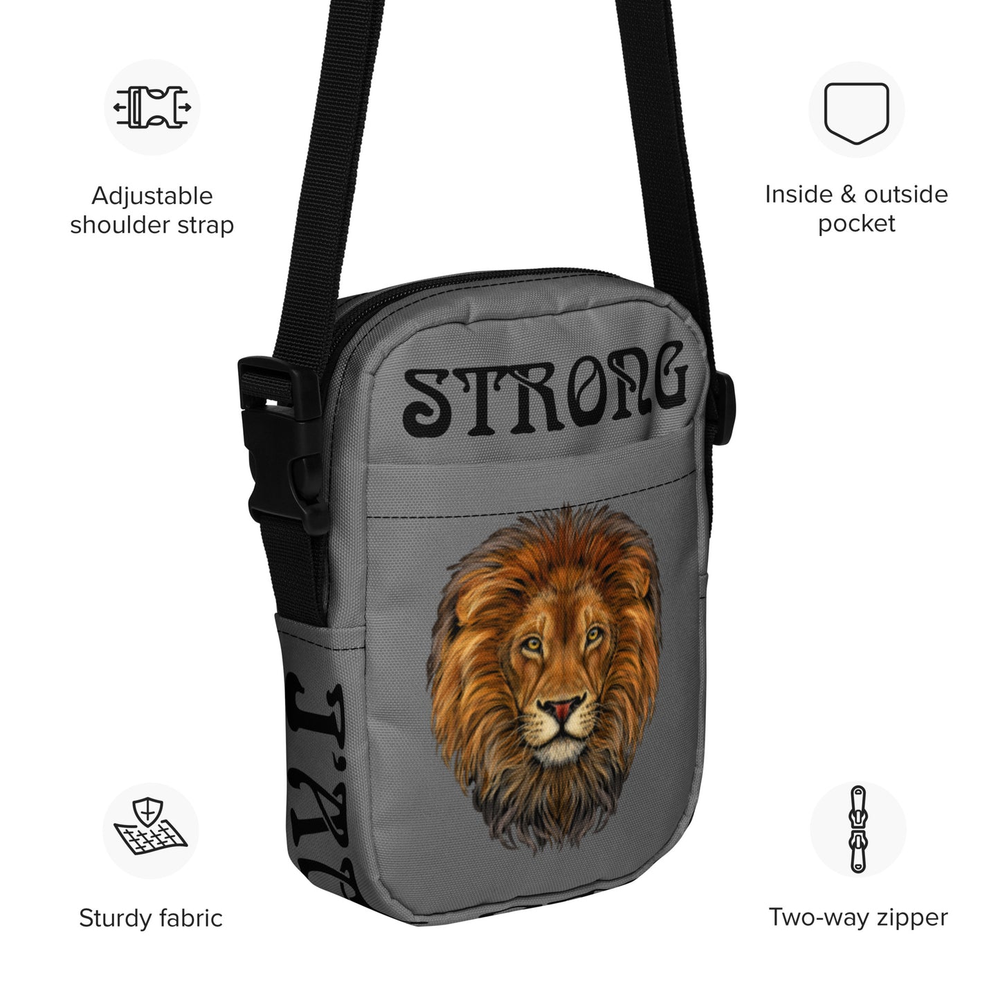 “I’AM STRONG”Grey Utility Crossbody Bag W/Black Font