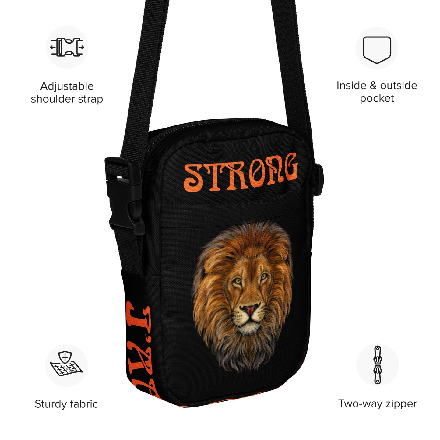 “I’AM STRONG”Black Utility Crossbody Bag W/Orange Font